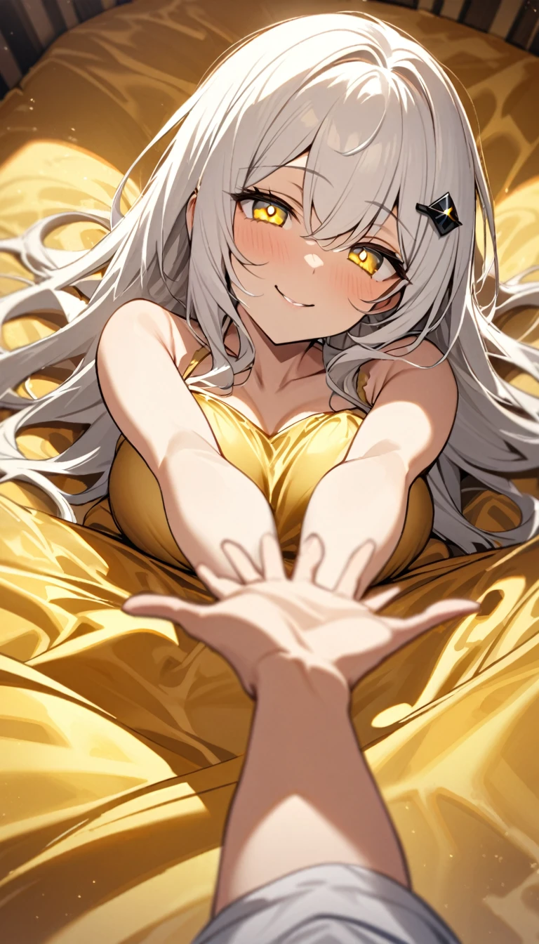 A woman, flowing white hair, melancholy eyes, yellow pupils, black diamond-shaped hairpin, Tiny feathers are dancing, pleasure, smile, arm support, arms up, incoming hug, pov, reaching, reaching towards viewer, looking at viewer, She is lying on a super huge golden silk soft duvet, 