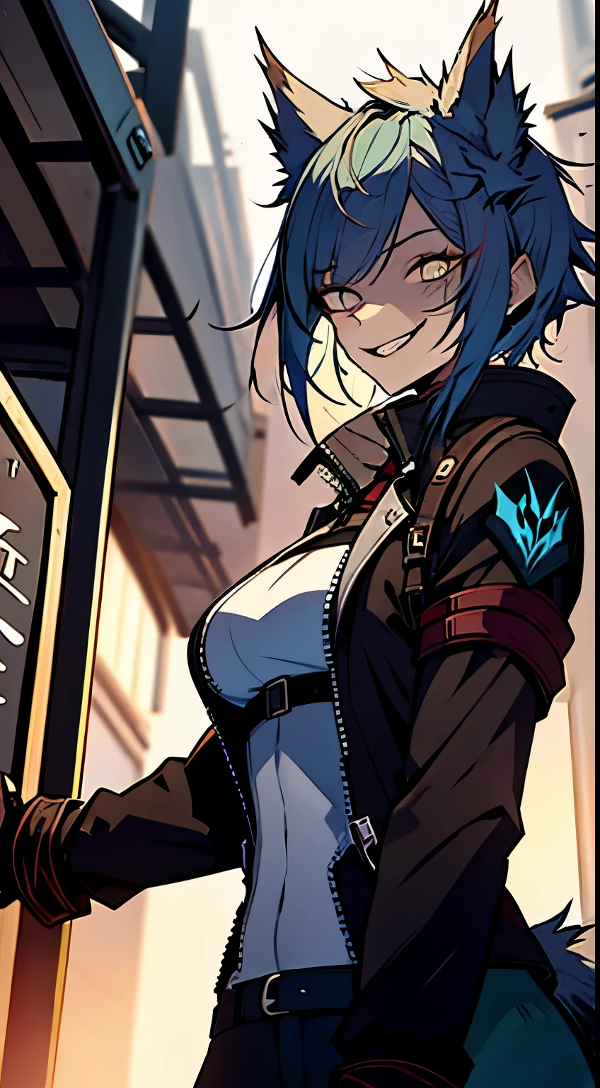 1girl, short_rebellious_hairblue_hair, hair tips to the side, scary_eyes, short_hair, scary_smile, Evil smile_sharp_wild teeth, soulless_black_eyes, looking_at_vi ewer, holding, shirt, pant, animal_ears, blue_ ears, wolf_woman, blue_tail, body_perfect, Milf_body, female_body_muscular, scar_on_thighs, scar_on_the abdomen,assassin's creed:hunter_outfit_black