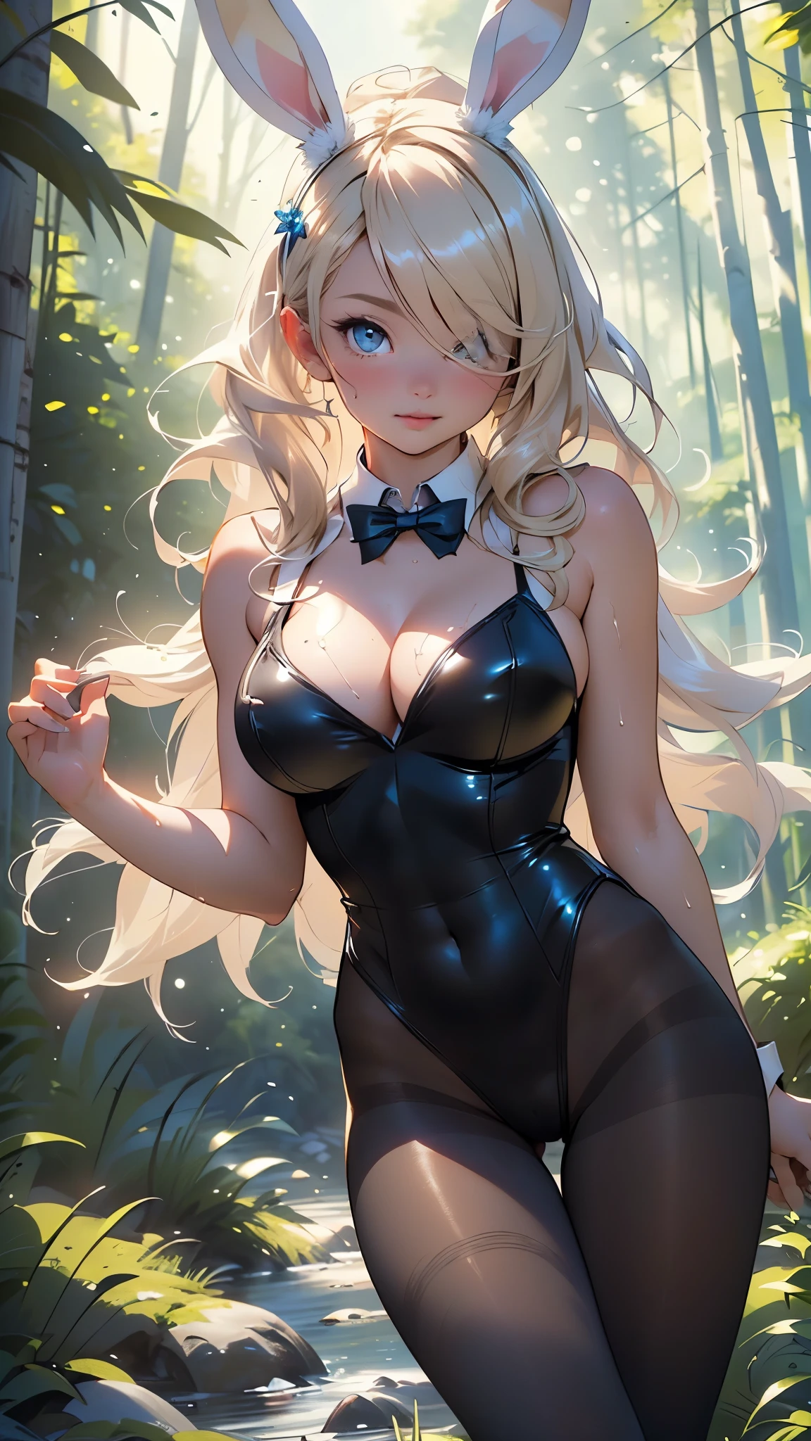 cute bunny girl,(((1girl))),((bunny girl with extremely cute and beautiful blonde hair)),(((bunny girl:1.5,anthro furry cute,bunny-girl))),(((bunny blue ears:1.5,bunny blue ears on head:1.5,big bunny blue ears))),
(large chest:1.4),(((blonde hair,long hair,hair over one eye))),((blue_eyes)),intricate eyes,beautiful detailed eyes,symmetrical eyes,((fat)),(((lustrous skin:1.5,bright skin: 1.5,skin tanned,shiny skin,very shiny skin,shiny body,plastic glitter skin,exaggerated shiny skin,illuminated skin,wet legs))),(spider lower abdomen,narrow waist,wide hip,athletic body,inflated legs, thick thighs,detailed body,(detailed face)),
cute,slutty,seductive,erotic,(nsfw),
(blue bowtie),((blue playboy bunny,playboy bunny, shiny blue leotard,blue leotard,bare shoulders,cleavage, traditional bowtie, covered navel,detached collar,cleavage,highleg leotard)),
((black pantyhose,thighs, thighband pantyhose)),clothes reflecting light,
(dynamic pose:1.0),solo focus,happy, cheerful, cute, tareme,(centered,scale to fit dimensions,Rule of thirds),
((pine forest)),scenery:1.25,((intricate scenery)),((forest background)),
(Glossy pastel ornaments),highres,sharp focus,(ultra detailed,extremely detailed),(photorealistic artwork:1.37),(extremely detailed CG unity 8k wallpaper),(((vibrant colors,vibrant theme))),(intricate),(masterpiece),(best quality),artistic photography,(photography taken by sldr),(intricate background),perfect rendered face,perfect face details,realistic face,photo realistic,((intricate detail)),(((realism))),