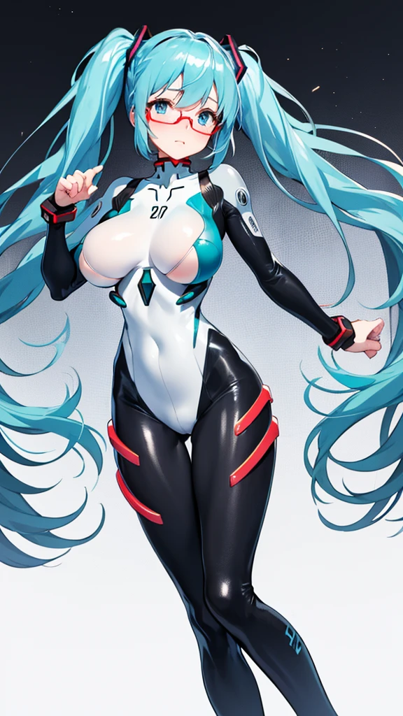 Hatsune Miku Vocaloid, Twin Tails, Light Blue Eyes, Light Blue Hair, Pichi Pichi Bodysuit, plug suit Neon Genesis Evangelion, Ultimate Physical Beauty, Beautiful Eyes, embarrassed look , ((Big Breasts)), 8K CG, Top Quality, Best Image Quality, 2D digital illustration, 1 girl, glasses,