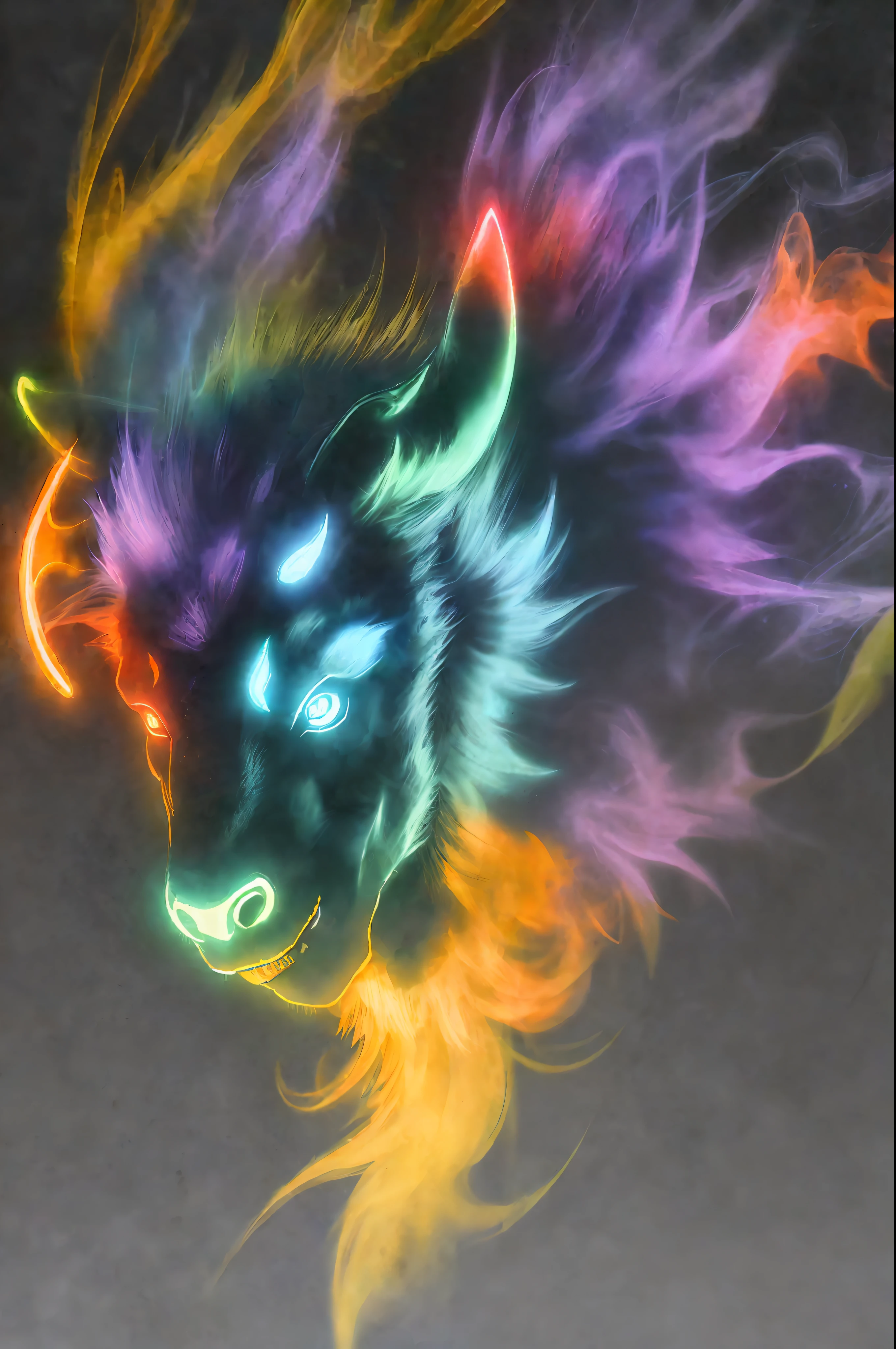 Orange Bioluminescent Bull|crimson|dark blue purple smoke|Lilac background