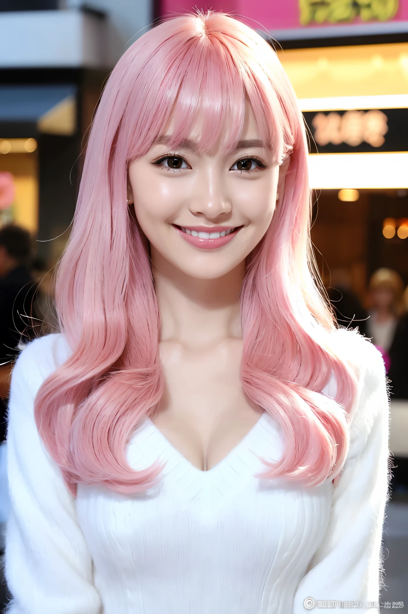 (Tabletop、highest quality、8k、Award-winning works、Ultra-high resolution)、One beautiful woman、(Perfect fluffy fur white V-neck long sleeve knit:1.3)、(Gold and pink hair:1.2)、Bright color contacts、Perfect Makeup、Bright and shiny lipstick、(Very heavy makeup:1.1)、(Pink eyeshadow:1.1)、Heavy makeup around the eyes、(Face close-up:1.2)、Very long wavy hair、The best smile you ever had when you saw me、(Accentuate your body lines:1.1)、(Strongly blurred vibrant Harajuku street background:1.1)、(Strongly blurred background:1.1)、Accurate anatomy、Ultra HD Hair、(Ultra-high resolutionの完璧な美しい歯:1.1)、Ultra-high definition beauty face、Ultra HD Hair、Ultra-high definition sparkling eyes、輝くUltra-high resolutionの美肌、Ultra-high resolutionの艶やかな唇