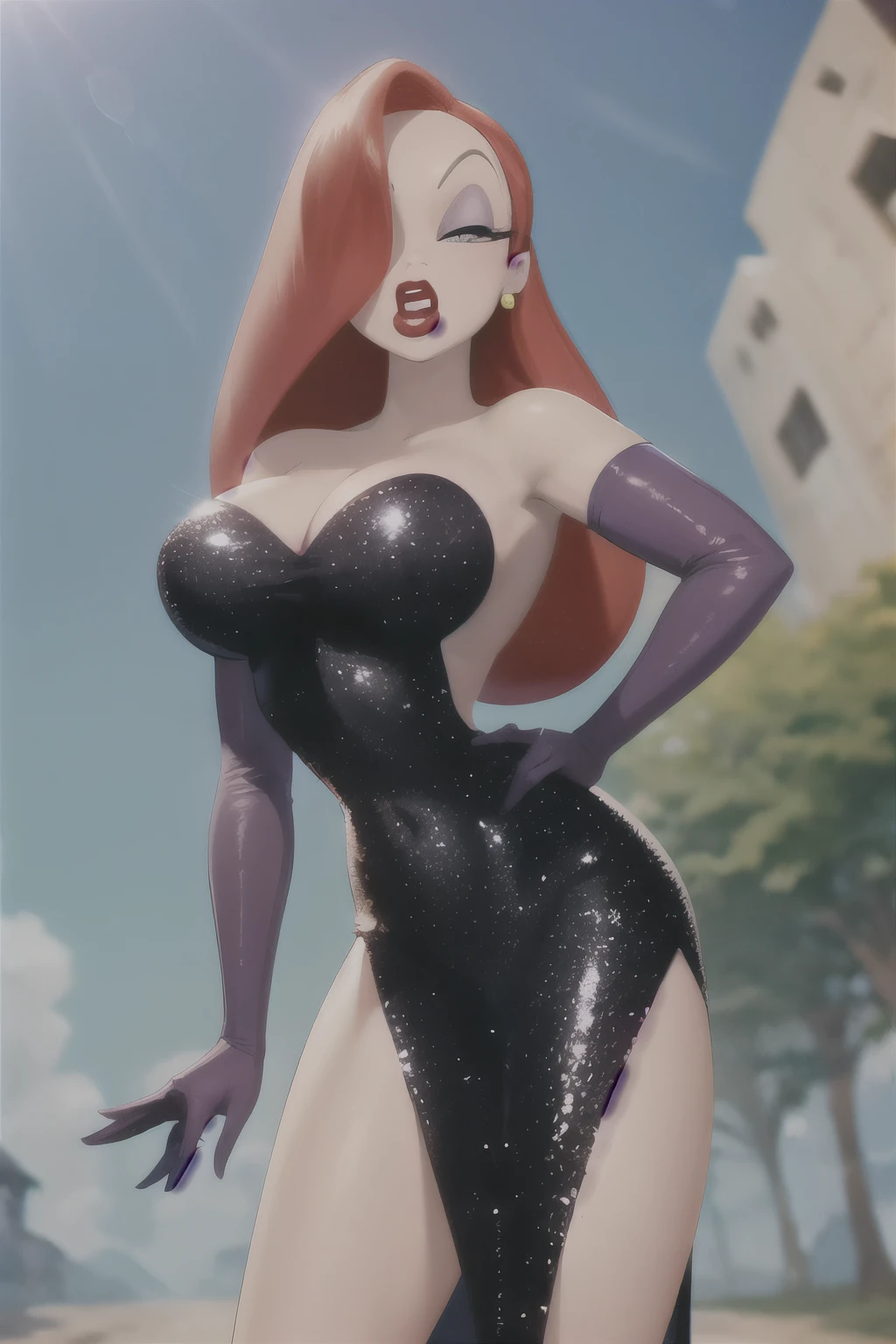 Jessica rabbit vestido rojo escotado, pelo largo azul, ojos anime, mejillas rojas, posando sexy, estilo cartoon, muy detallado, high resolution
