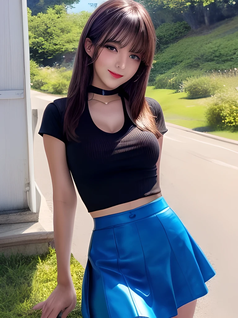 masterpiece, Front view, Cute Japanese aristocratic woman, (輝くBrown Hair, Straight length Hair), ((Blue Tight T-shirt, mini skirt)), Very cute face, Glossy Lips, Double eyelids on both eyes, Natural Makeup, Brown Hair, Asymmetrical bangs, High resolution, Attention to detail, Detailed hairstyle, Detailed face, Octane Rendering, Ultra-realistic, Perfect limbs, ((Black Choker)), blue eyes, (Big Breasts), ((The body is slim:1.5)), Cool Beauty, ((Slim face)), smile, Mature Woman, Browsing Caution:-1.2, length, bushy eyelashes, Cleavage, ((Suburban countryside)), flare skirt