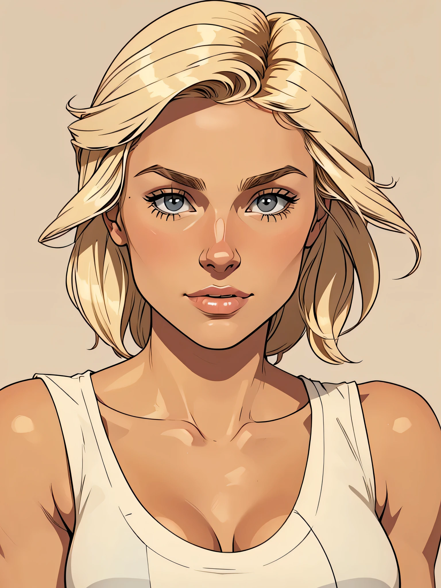 Flat colors, close up, Portrait of a 25 year old surfer looking girl, tan skin, beach blonde salty hair, natural beaty, beautiful, casual, Grey Tank- top, Cleavage, (([Simply Beige Background]))