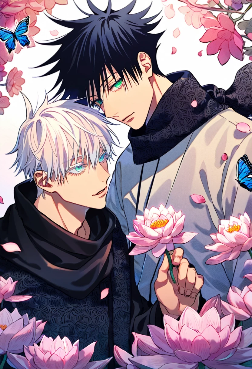Ultra detailed, Highres, absurdres, HDR, master piece, Fushiguro Megumi, black hair, green eyes, Gojou Satoru, white hair with bangs, blue eyes, white eyelashes, Jujutsu Kaisen, black scarf, white haori, black kimono with patterns, 2 gay men together, gay couple, love, pink and violet forest, butterflies, pink lotus and petals, handsome, yaoi