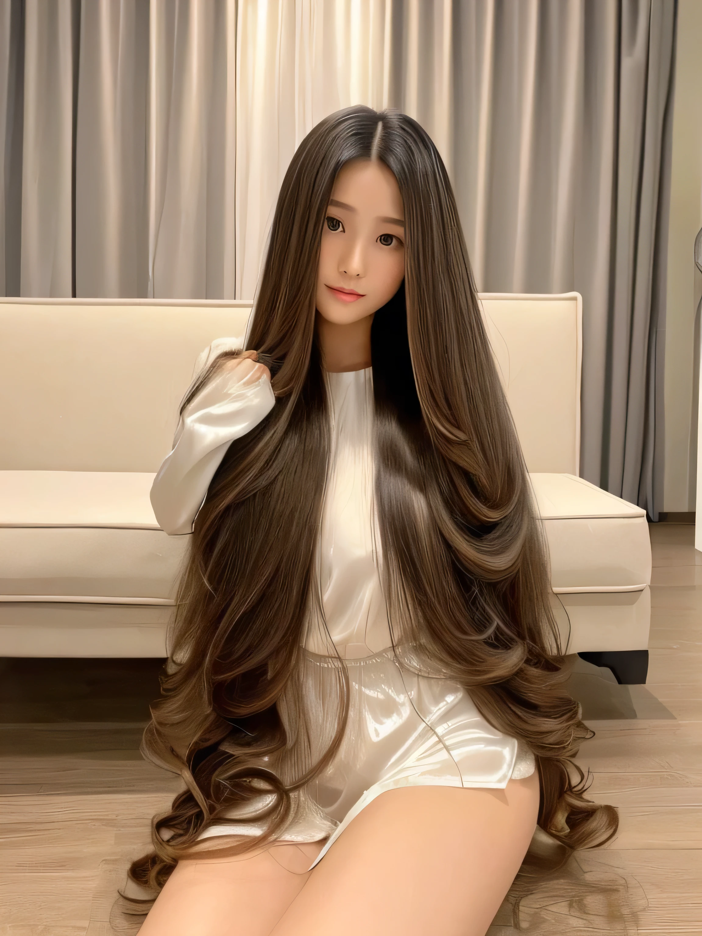 (1 Female upper body shot)　((highest quality)), ((masterpiece)), (Get used to it), Perfect Face　(Reaches up to the kneeVery long hair　highest quality　Highest detail　Reaches up to the knee、Very long hair that lasts forever:1.3　Flowing Hair　Very shiny そして thick hair　long hair up to the knees:1.2　long hair up to the knees:1.2　Thick and shiny hair　Very free hair　Abnormally long hair!!!　Beautiful silky hair　Beautiful and shiny hair　Beautiful and shiny hair　Beautiful silky hair　Hair that grows to the knees　Very very, Very long hair!!!　Very very, Very long hair!!!)　(highest quality　The best ultra-fine　Reaches up to the knee、Very long hair that lasts forever　Very shiny そして thick hair　long hair up to the knees:1.2　long hair up to the knees:1.2　Thick and shiny hair　Very free hair　Abnormally long hair!!!　Beautiful silky hair　Super long hair down to the knees　Beautiful and shiny hair　Beautiful and shiny hair　Beautiful silky hair　Hair that grows to the knees　Very very, Very long hair!!!　Very very, Very long hair!!!　Her hairstyle is curly long)　　White Lingerie　(Large Breasts:1.2)　1 female　( Japan&#39;The cutest middle schooding model)　Sensual look　Erotic expressions　(Her bangs are neatly trimmed, full bangs)　Lipstick is natural red　((Cowboy Shot))　(Narrow-mouthed)　Natural Makeup　
