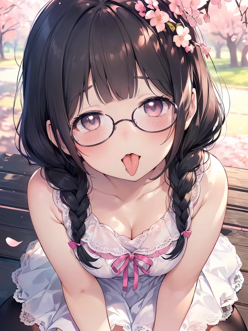 Very detailed, highest quality, High resolution, Moe Anime, ((A cute  with black hair and droopy eyes leans forward)), ((Wearing large round glasses:1.4)), (Baby Face), Cute eyes, eye depiction, Sparkle in the eyes, View your viewers, Pale skin, (Big eyes:1.4, Droopy eyes:1.4, Fatty face:1.4), smile, Focus on the face, In the park with cherry blossoms falling, Sitting, (Extreme close up of tongue), (((From above:1.2))), (Open your mouth wide:1.5), (((Face only:1.3))), ((white lace sleeveless dress)), Bright Eyes,  (Put your hands between your legs:1.4), large and long tongue, Cleavage, Braided hairstyle, Pink ribbon