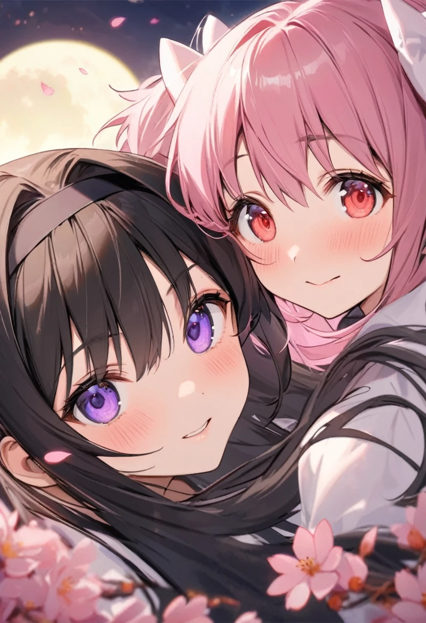 absurdres, highres, ultra detailed, HDR, master piece, best quality, extremely detailed face and eyes, Homura Akemi, black long hair, expressive purple eyes, Puella Magi Madoka Magica, Kaname Madoka, pink hair, expressive red eyes, two women together, beautiful, cherry blossom, pink flowers, pink petals, moon, pink fireflies