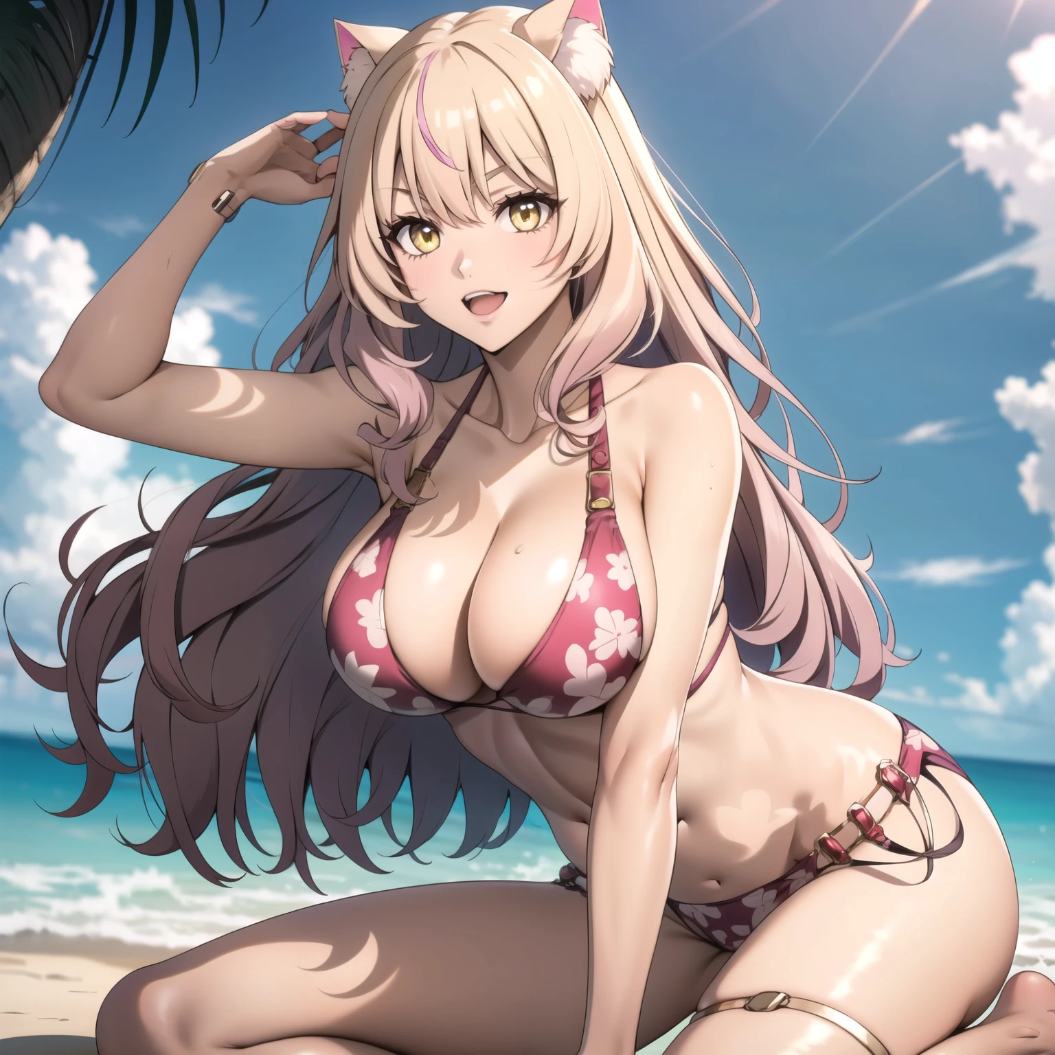 Raphtalia woman 34 years old blonde hair with pink tips , orejas de gato puntiagudas, yellow eyes like amber, piel morena, piel muy oscura, piel morena bronceada, pechos grandes , bikini rosado, sonrisa amable, de pe frente al espectador, manos en su cabeza, background a tropical beach sunny day, orejas de gato. una sola mujer. solo una chica.