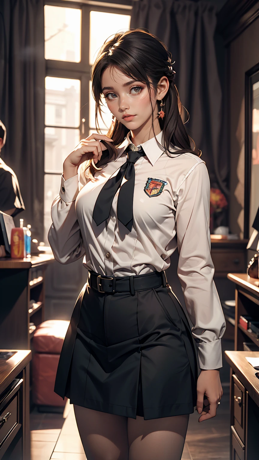 highest quality, masterpiece, Ultra-high resolution, (Reality: 1.4), Original photo, One girl, mature, White JK Uniform, Cinema Lighting、smile、comb