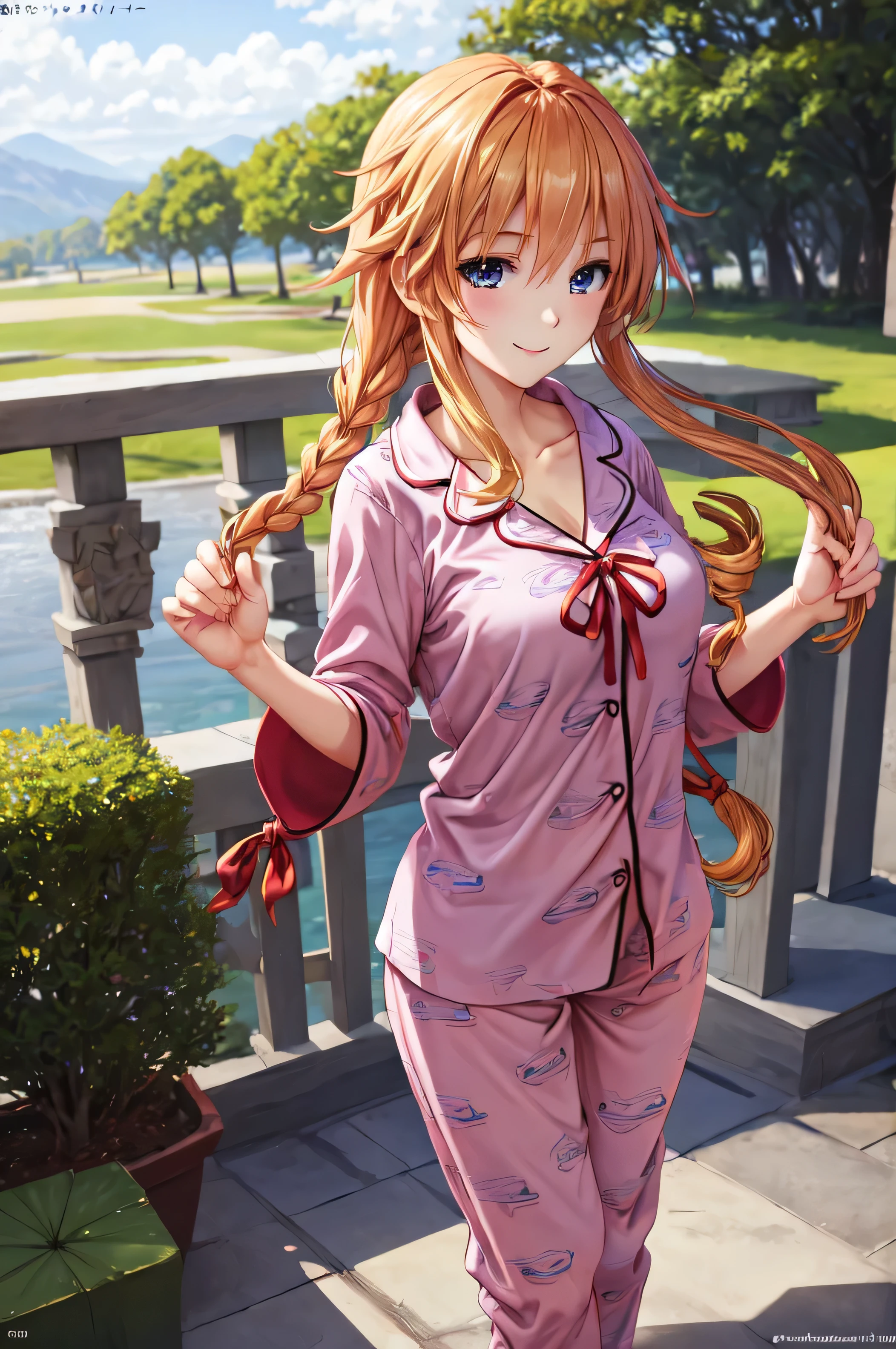 masterpiece, best quality, absurdres, perfect anatomy, 1girl, solo, YamaiYuzuru, , red ribbon, sexy pyjamas , smile,