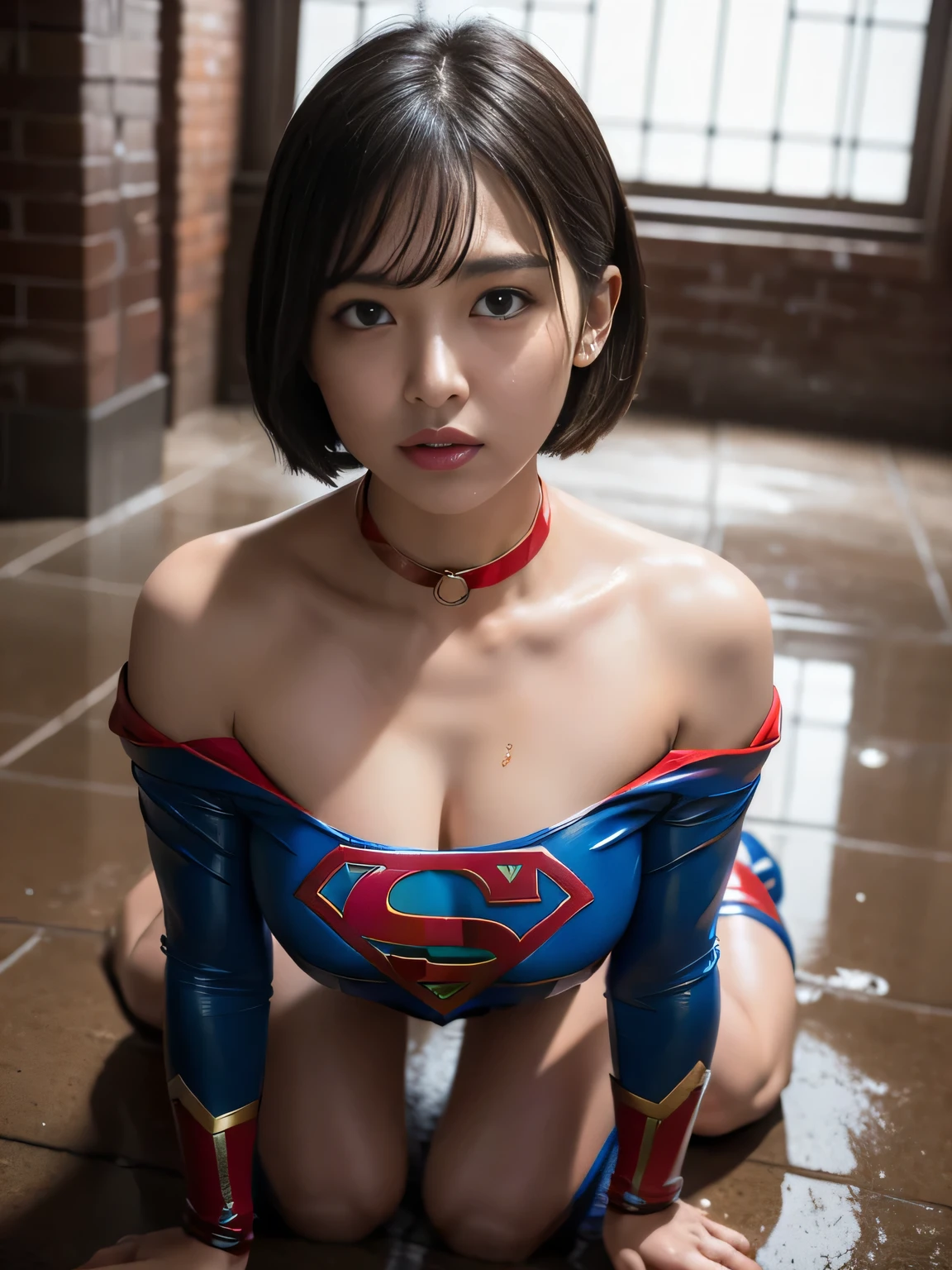 masterpiece、Supergirl Costume、short hair、barefoot、Big and ample breasts、Crisis situation、Complete surrender、Mud stains、sewer、Abused、Kneel、Sweaty、Shiny、looking at the camera、Dripping sewage、choker、Long sleeve、Sexy poses to seduce、Poor environment、Humiliating、Off the shoulder、latex、