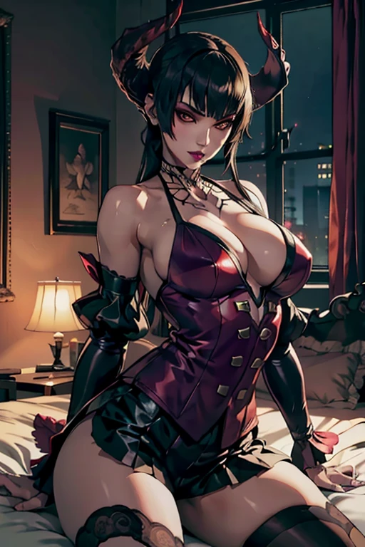Eliza From Tekken, Olha sexy, blusinha casual com decote, de sainha curta, pose sensual, in the bedroom with soft ambient lighting