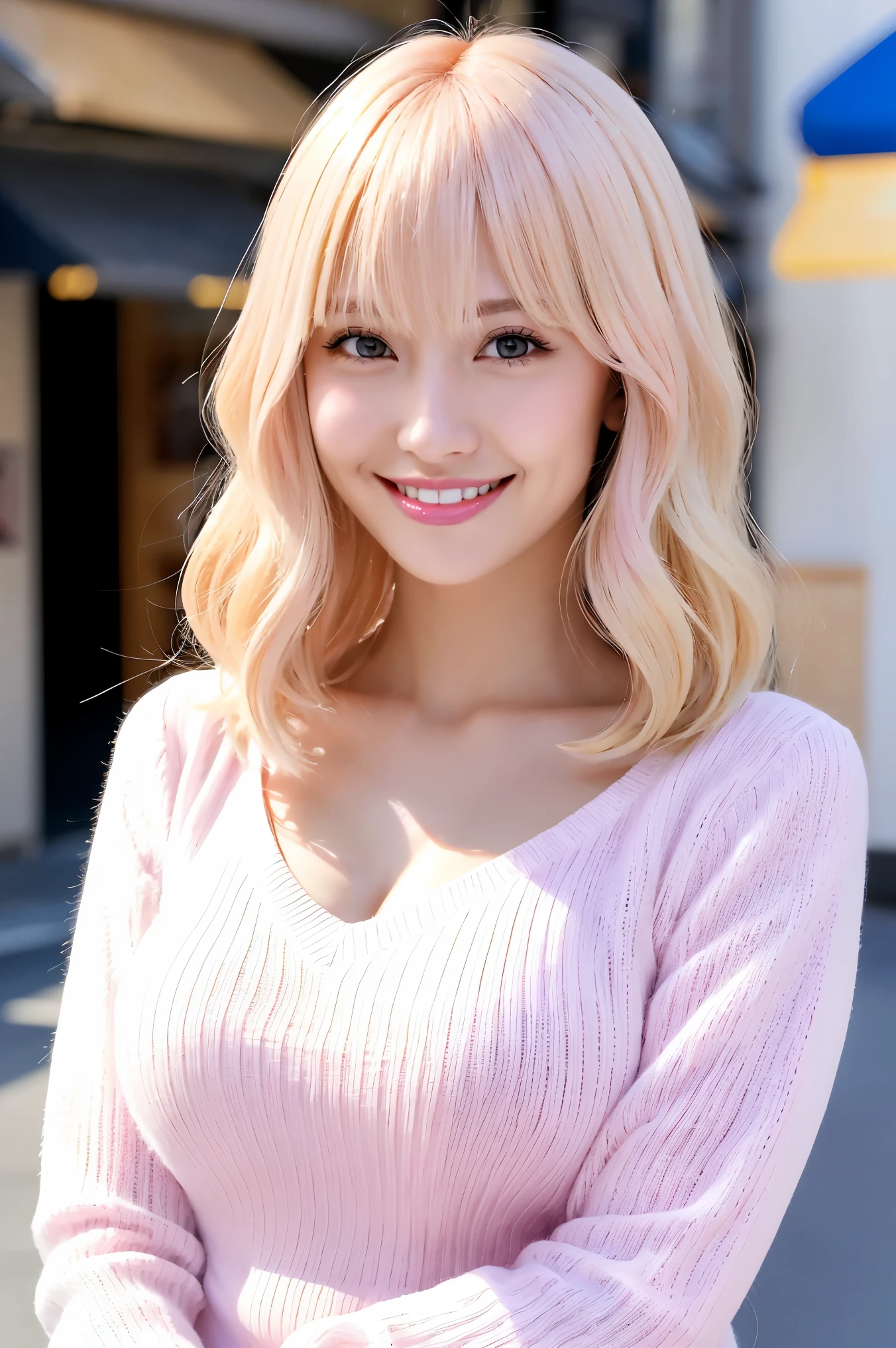 (Tabletop、highest quality、8k、Award-winning works、Ultra-high resolution)、One beautiful woman、(The perfect fluffy white V-neck long sleeve knit:1.3)、(Golden and pink hair:1.2)、(Blonde Hair:1.2)、Bright color contacts、Perfect Makeup、Bright and shiny lipstick、(Very heavy makeup:1.1)、(Pink eyeshadow:1.1)、Large Breasts、(Voluptuous body:1.1)、Heavy makeup around the eyes、(Face close-up:1.2)、Very long wavy hair、The best smile you ever had when you saw me、(Accentuate your body lines:1.1)、(Strongly blurred vibrant Harajuku street background:1.1)、(Strongly blurred background:1.1)、Accurate anatomy、Ultra HD Hair、(Ultra-high resolutionの完璧な美しい歯:1.1)、Ultra-high definition beauty face、Ultra HD Hair、Ultra-high definition sparkling eyes、輝くUltra-high resolutionの美肌、Ultra-high resolutionの艶やかな唇