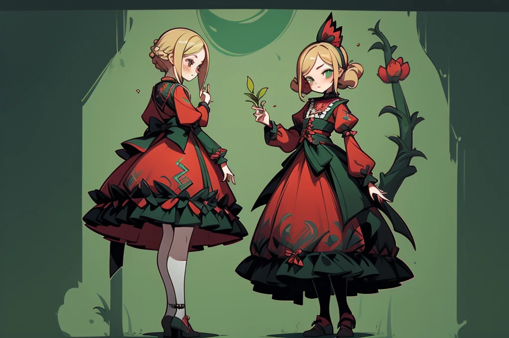 1sticker,Handbook,(1 Gothic Lolita), (standing full-body), (Full body standing painting), 1 Princess,(standing full-body),solo, BJD dolls, Blush, long skirt,character design, fanciful, alice in the wonderland, Gothic Lolita red dress, Green high socks, White flowers, ((red colour)), Blonde hair, Short hair, Double up braid, tmasterpiece, top Quority,best qualtiy,Ultra-high resolution,Exquisite facial features, dk,adolable,Small