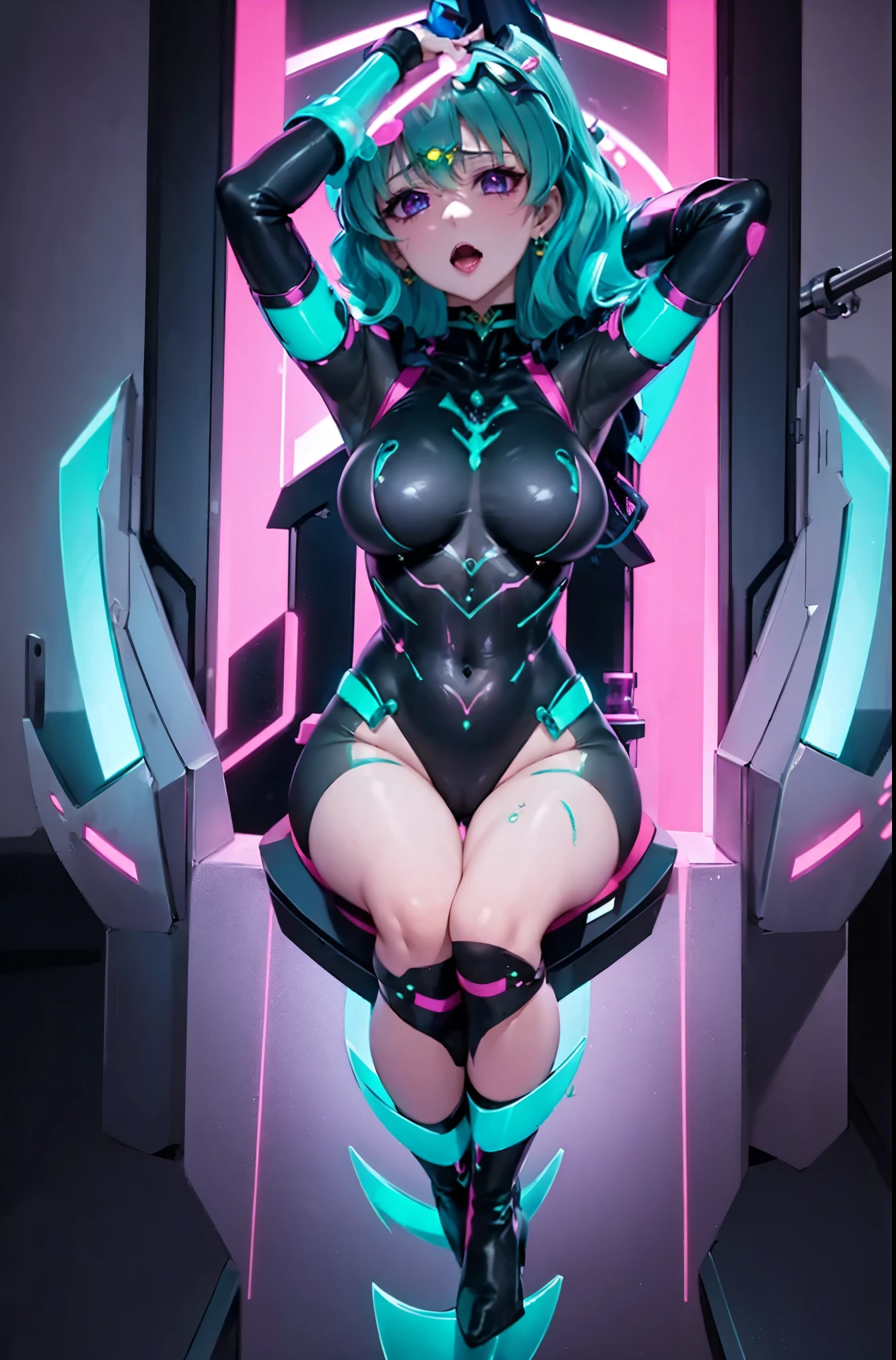 SailorNeptune. shout. ahegao. dark costume. Aqua color hair. Transparent Bodystocking. shout. dark costume. corruption. black eye mask. pink glow eye. A glowing pink tube connected to the body.