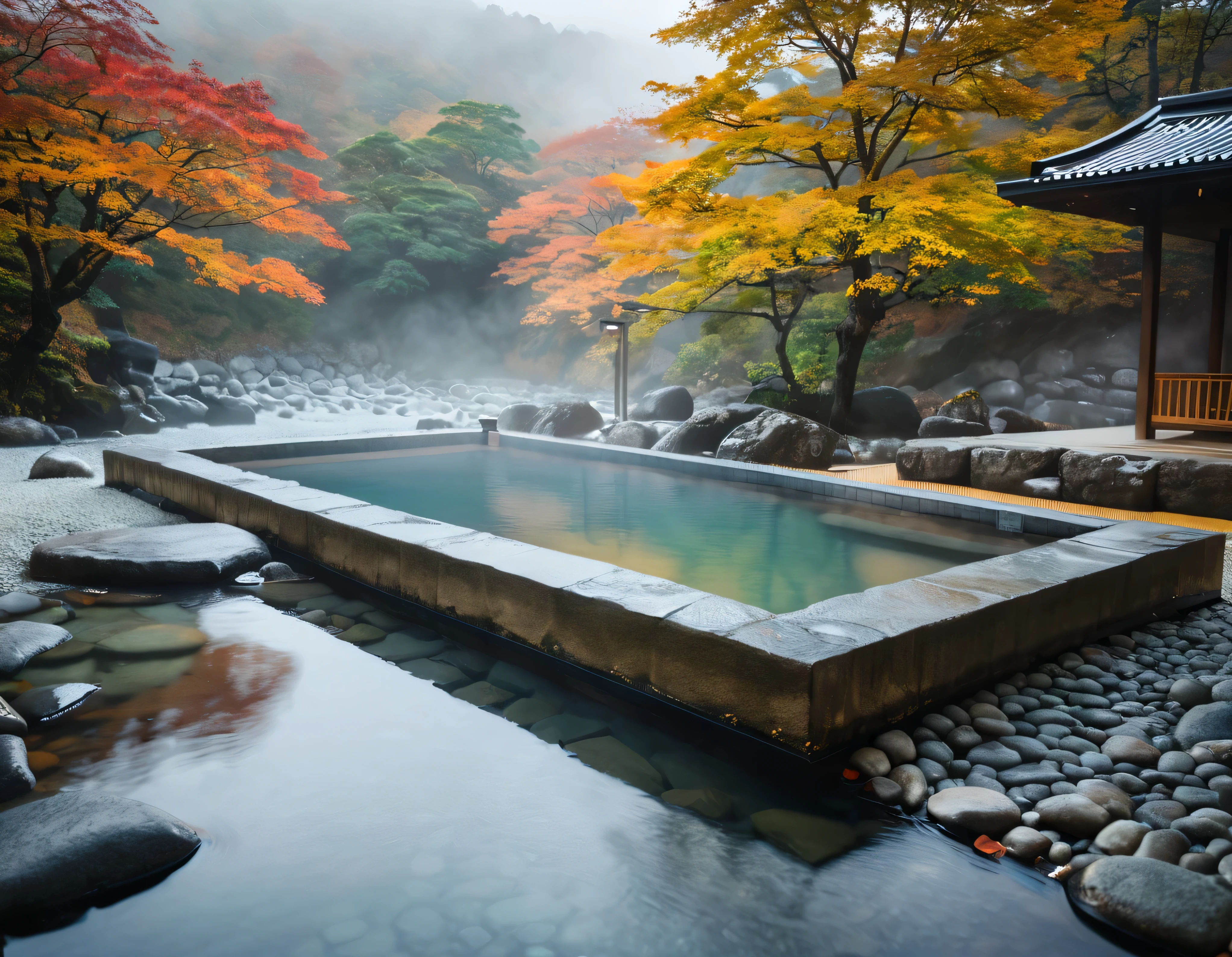 A serene (((onsen))) with bubbling waters and minimalist architecture, wide view of the location, transparent water, custom stones in the bath, stone platform, pool style background, a river current on the side, autumn trees, poorly lit location, wet, fog in the location, bokeh effect