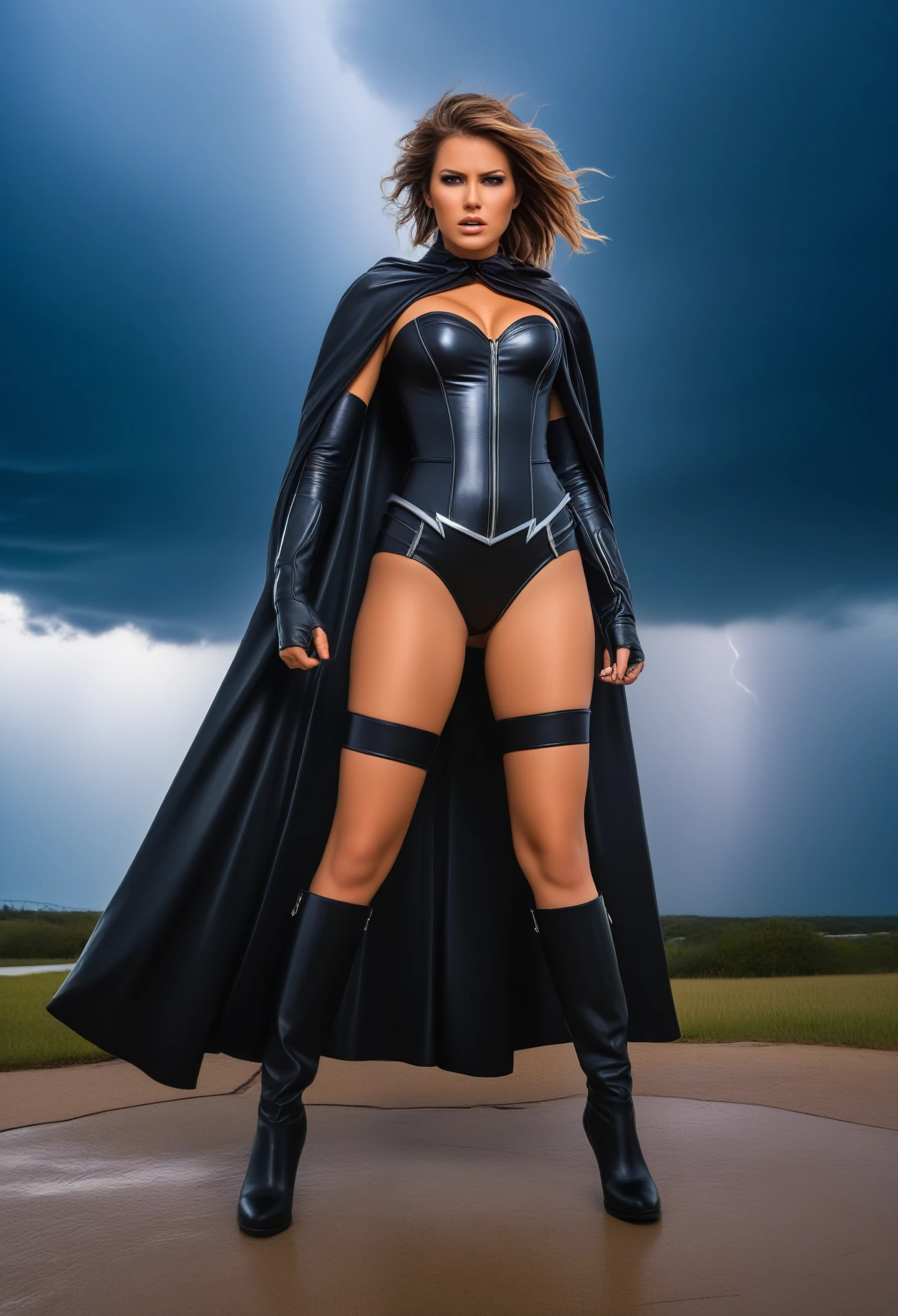 Storm, sexy outfit, superhero, powerful, confident, weather manipulation, lightning control, windswept hair, fierce expression, electrifying eyes, black leather costume, high boots, flowing cape, storm clouds, dramatic sky, intense atmosphere, powerful energy, dynamic pose, action-packed scene, vivid colors, HDR lighting, high-res masterpiece