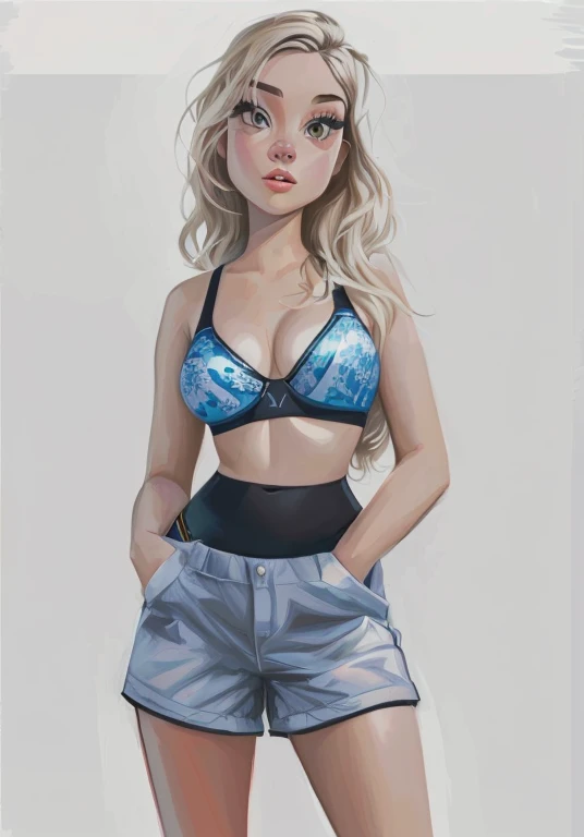 Digital painting, disney Pixar, 4k, there is a woman in a bra and shorts posing for a photo, in the style of digital illustration, streetwear bra and shorts, sports bra and shorts, in the style of digital painting, sports bra and dark blue shorts, Girl fit, digital painting style, nft portrait, short and robust woman, in the style of digital art, inspired by Louisa Matthíasdóttir