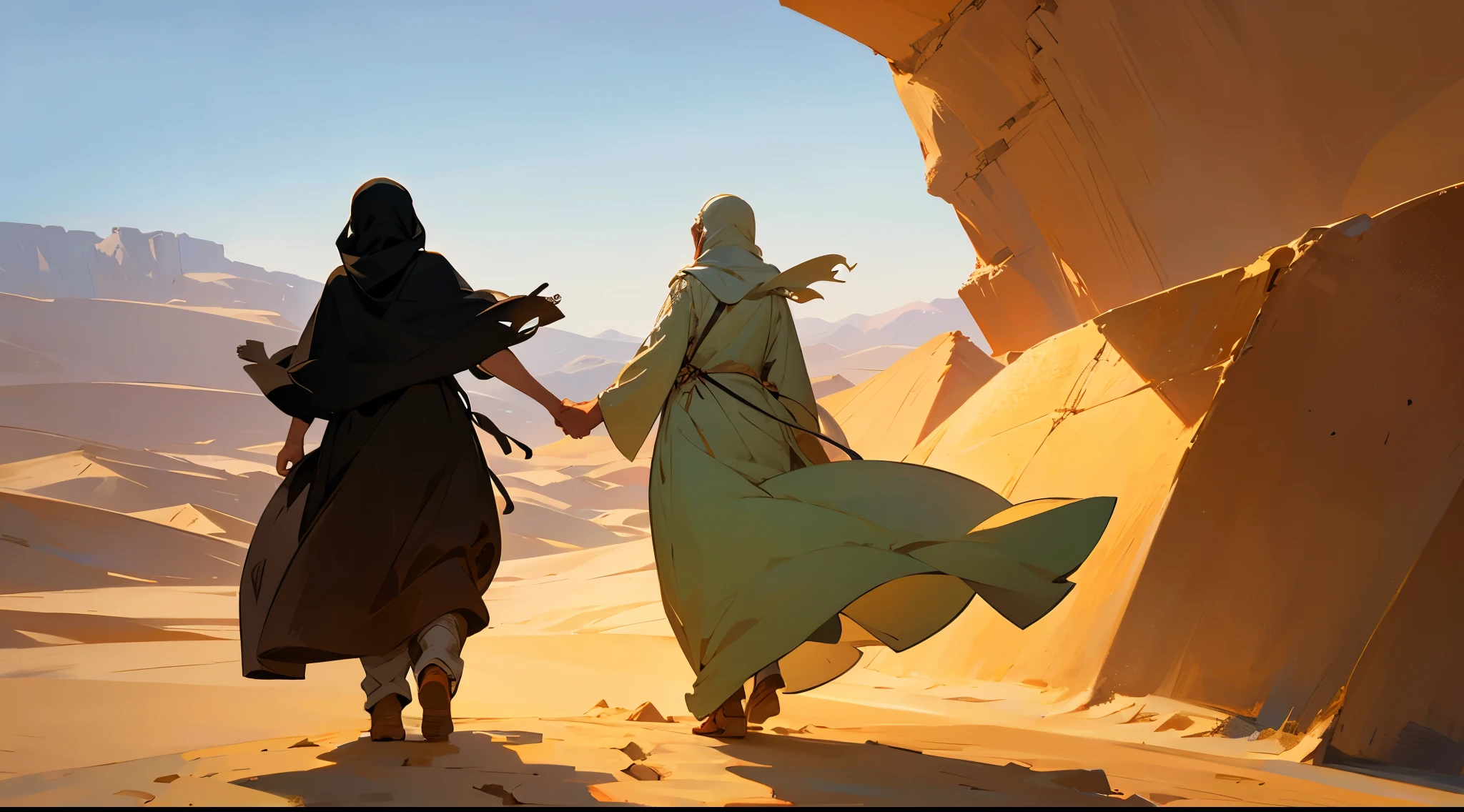 two arab couple walking in the desert, holding hands. no faces, no shape, from behind view. vintage art. in the desert.
