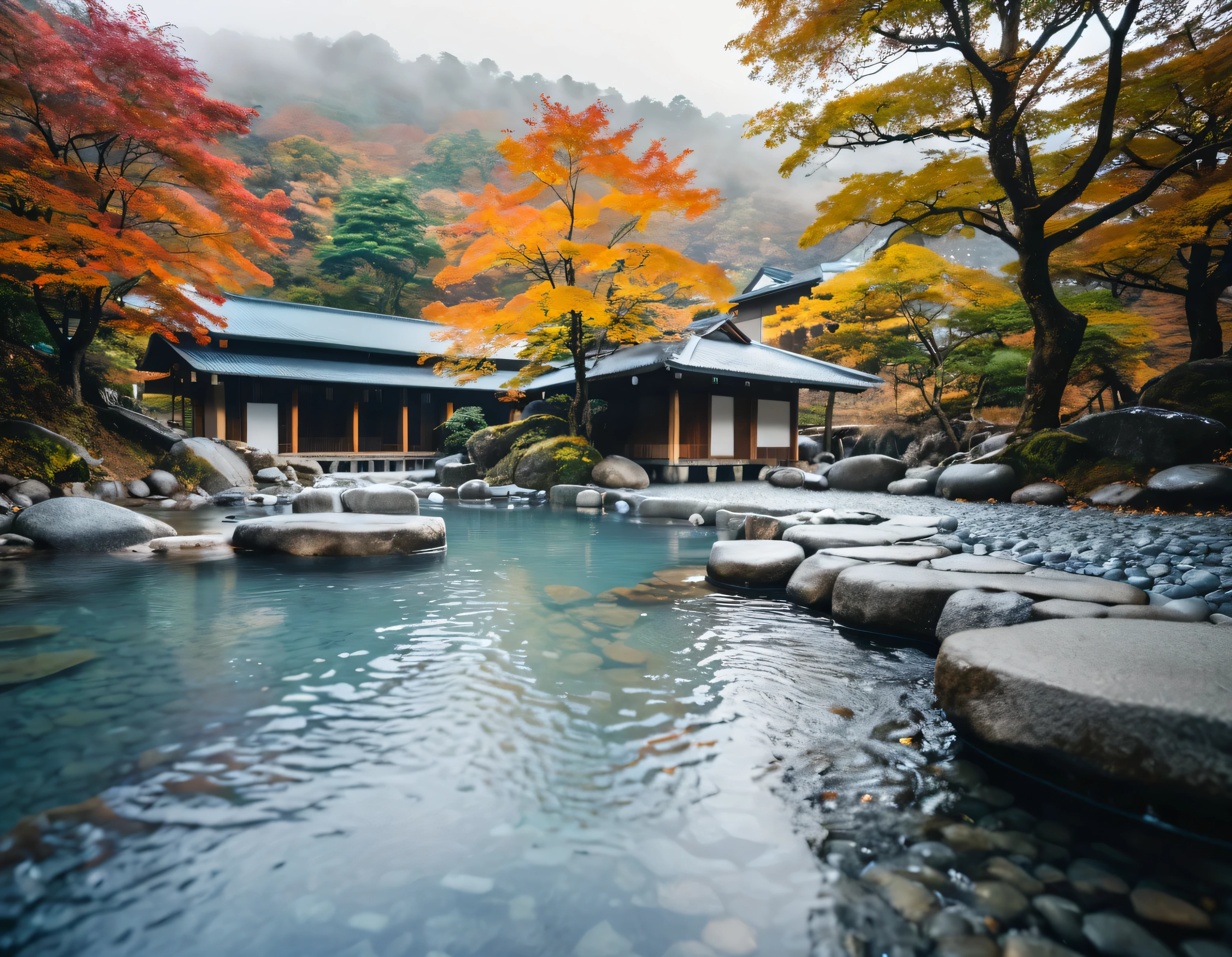 A serene (((onsen))) with bubbling waters and minimalist architecture, wide view of the location, transparent water, custom stones in the bath, stone platform, pool style background, a river current on the side, autumn trees, poorly lit location, wet, fog in the location, bokeh effect