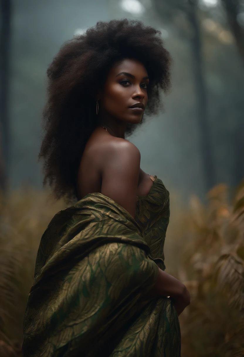 SANS VISAGE- Fille noire montrant la pose arrière - vue longue - forêt - robe à motifs africains- longues feuille de bananier à portée de main. -realistic --8K-deep nature in dark fog- camera focused from back- curly hair-lion- lance