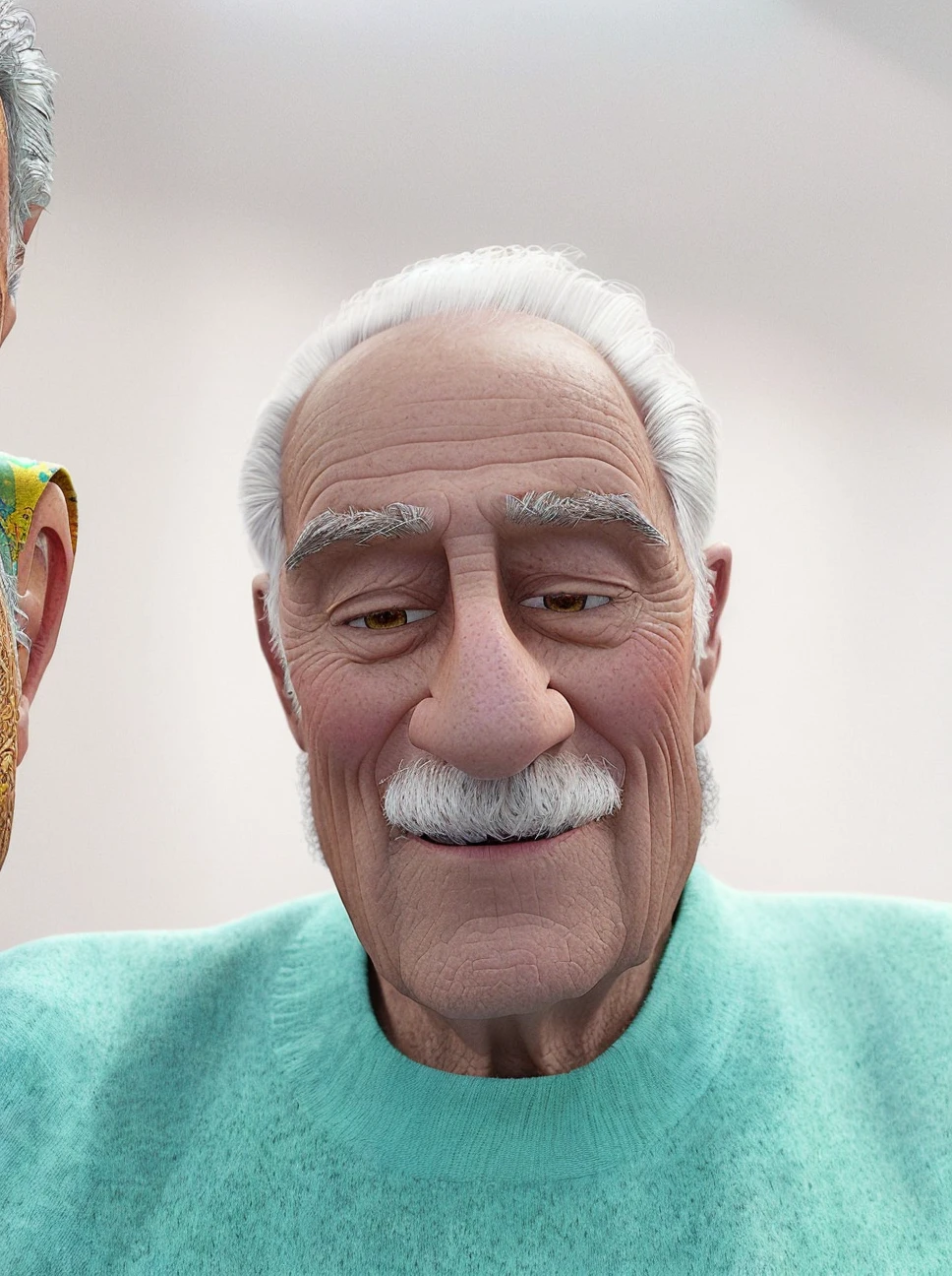 Pixarstyle A waist-high portrait of an elderly man with social clothes, smile, natural skin texture, 4K textures, HDR, intricate, highly detailed, sharp focus, cinematic look, hyper-detailed