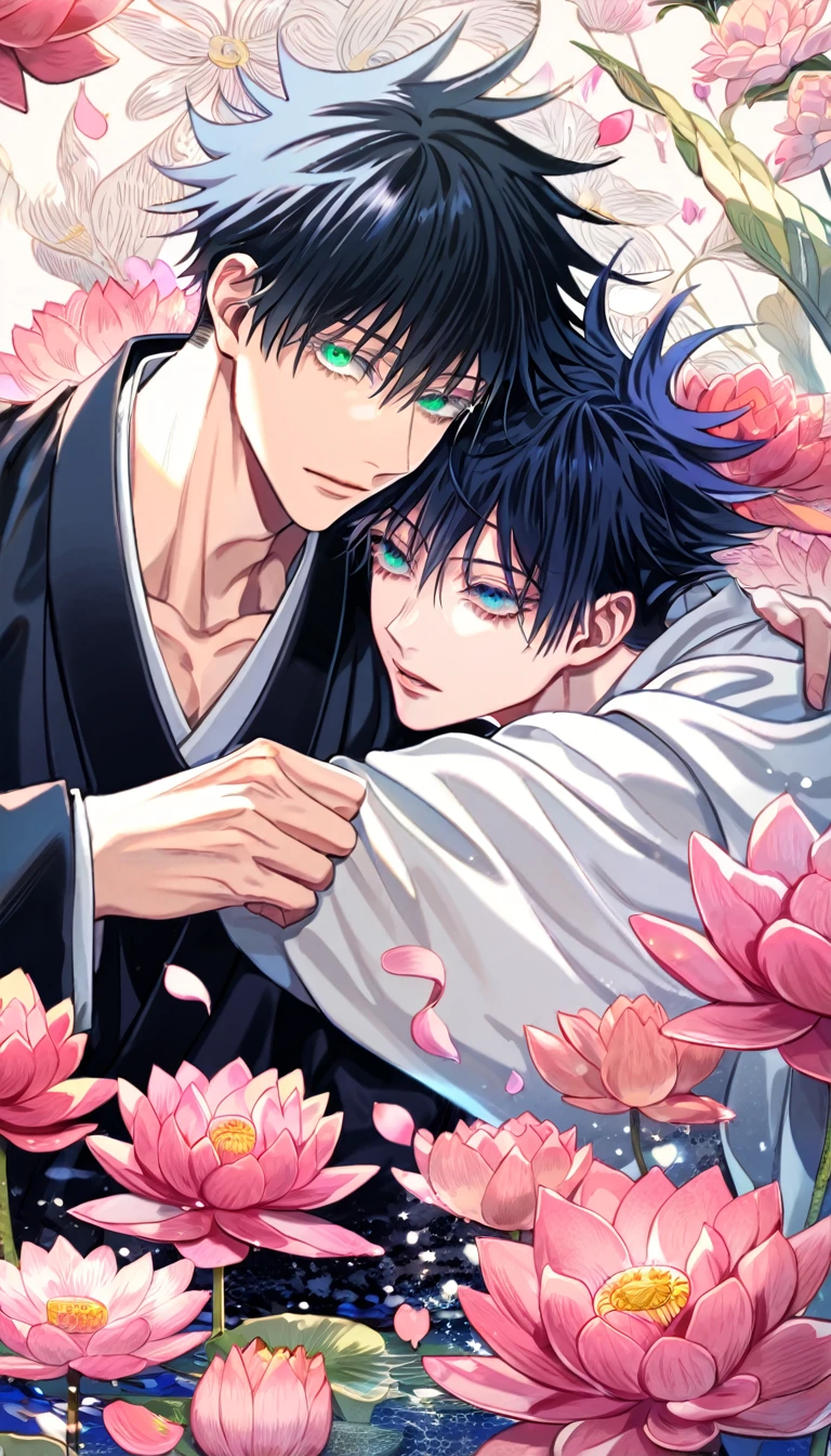 Ultra detailed, Highres, absurdres, HDR, master piece, Fushiguro Megumi, black hair, green eyes, Gojou Satoru, white hair with bangs, blue eyes, white eyelashes, Jujutsu Kaisen, black scarf, white haori, black kimono with patterns, 2 gay men together, gay couple, love, pink flowers, pink butterflies, pink lotus and petals, handsome, yaoi