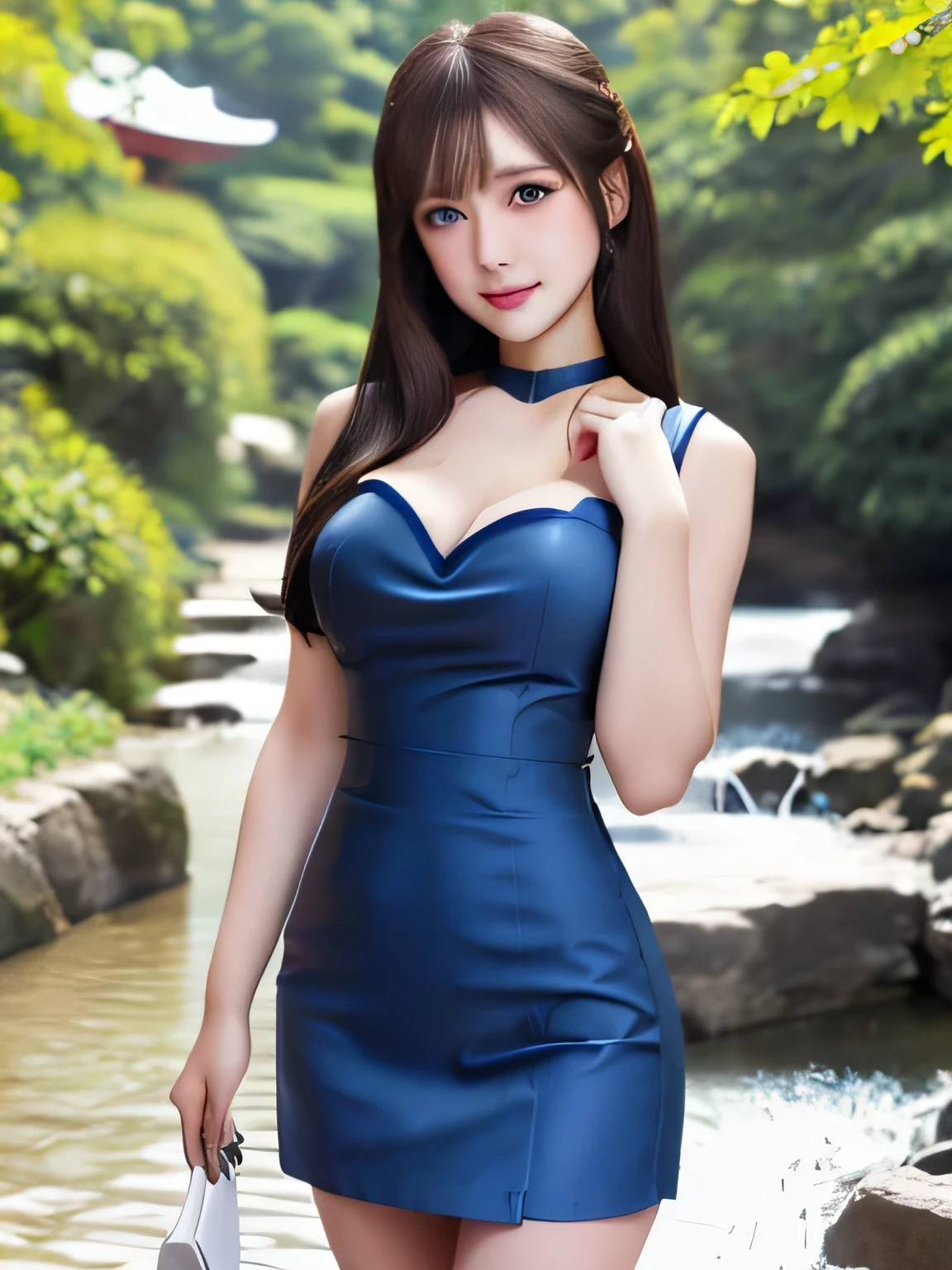 masterpiece, Front view, Cute Japanese aristocratic woman, (輝くBrown Hair, Straight length Hair), ((Blue Tight Dress, mini skirt)), Very cute face, Glossy Lips, Double eyelids on both eyes, Natural Makeup, Brown Hair, Asymmetrical bangs, High resolution, Attention to detail, Detailed hairstyle, Detailed face, Octane Rendering, Ultra-realistic, Perfect limbs, ((Black Choker)), blue eyes, (Big Breasts), ((The body is slim:1.5)), Cool Beauty, ((Slim face)), smile, Mature Woman, Browsing Caution:-1.2, length, bushy eyelashes, Cleavage, ((Mountain、stream)), 