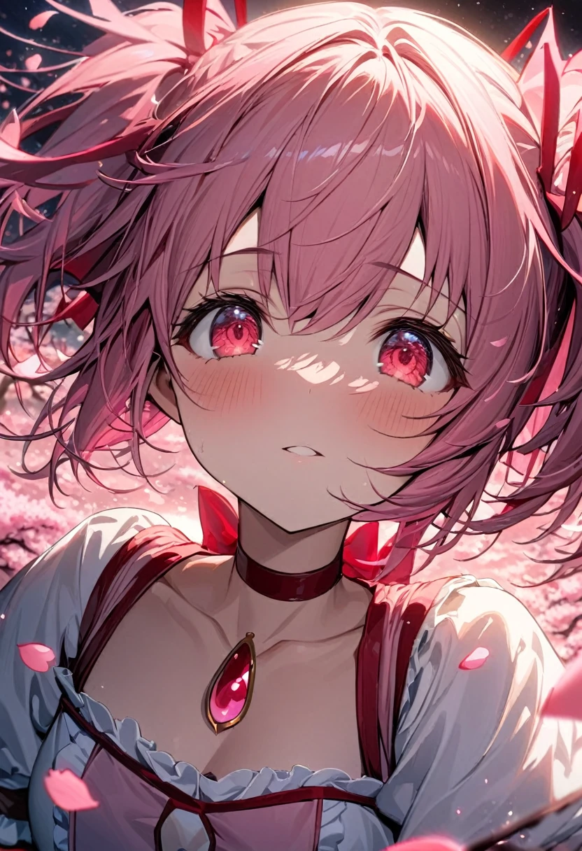 absurdres, highres, ultra detailed, HDR, master piece, best quality, extremely detailed face and eyes, Kaname Madoka, pink hair, expressive red eyes, Puella Magi Madoka Magica, solo, woman, beautiful, cherry blossom, pink flowers, pink petals, moon, pink fireflies