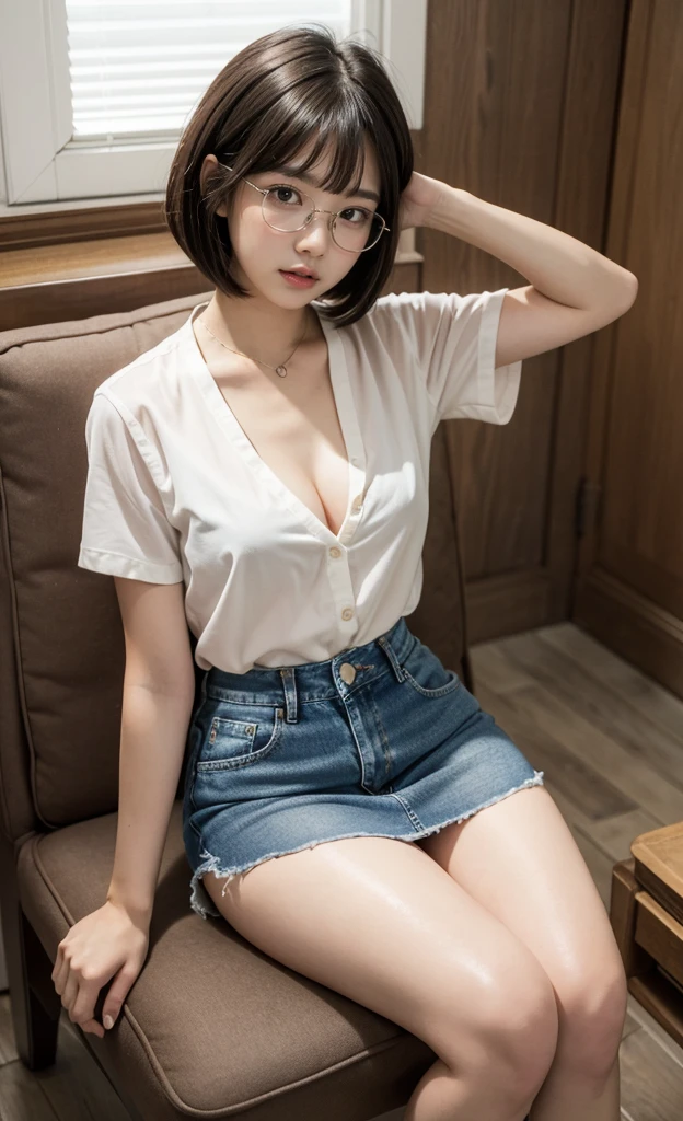 detailed_background, realistic, 1girl, sitting on a small chair, back against the walll, bedroom, eye glasses, blushes, nighttime, bob cut, bangs, white short sleeve blouse, overhang, cleavage, big bust, small waist, denim mini skirt, bare legs, thighs, thicc_thighs, legs spread,