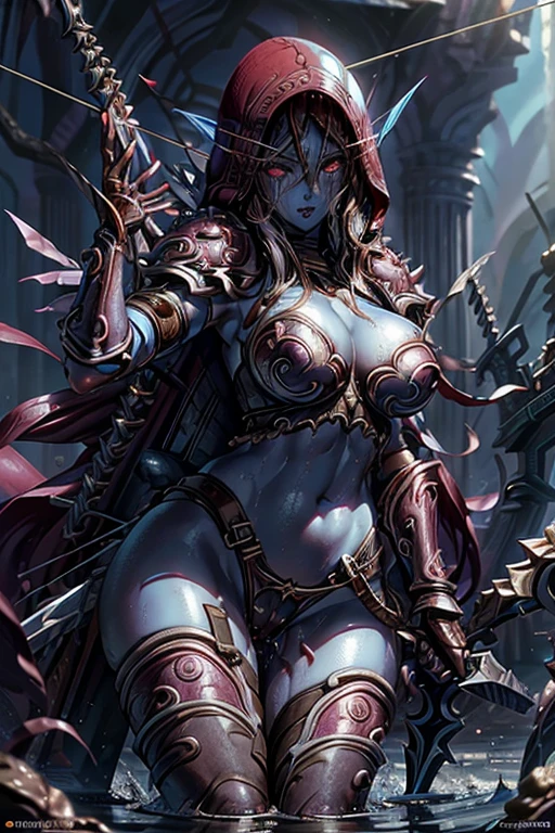 Browsing Caution, (Best image quality,highest quality,Highest Resolution, Ultra-Realistic Images,Very detailed,masterpiece),Sylvanas Windrunner,((Blue Skin)),Red eyes,Branded long-haired,((Sticky with sweat)),Big Breasts, Erect nipples, (((Large areola))),(((Exposing the breasts))),Abdominal muscles, blush, holding a bow and arrow,Dynamic pose,Browsing Caution,