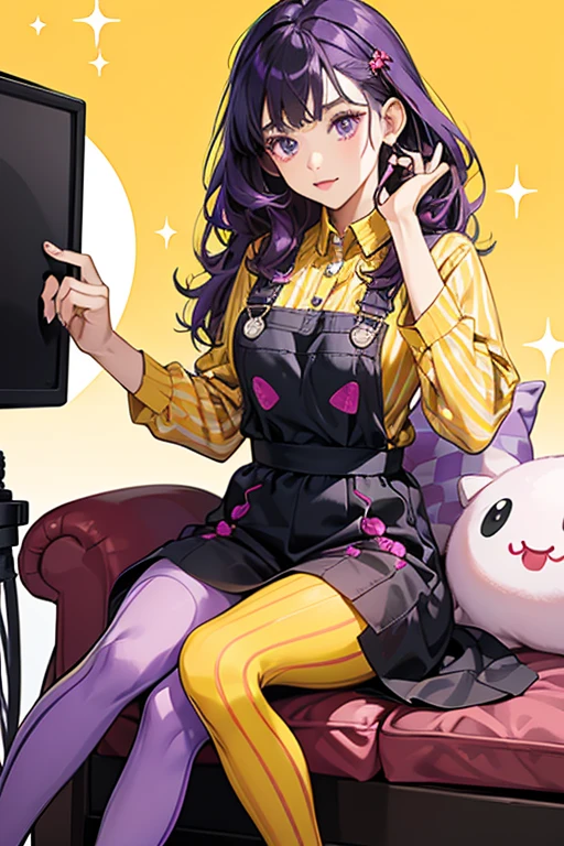 Her eyes are drawn as black dots. She wears a purple dress with long sleeves in the promotional material, and the Button Nose television series gives her a purple and yellow striped shirt, a red dungaree, purple and yellow tights, and red shoes. She has a strawberry-shaped accessory in her hair. SPARKLE; GLITTER