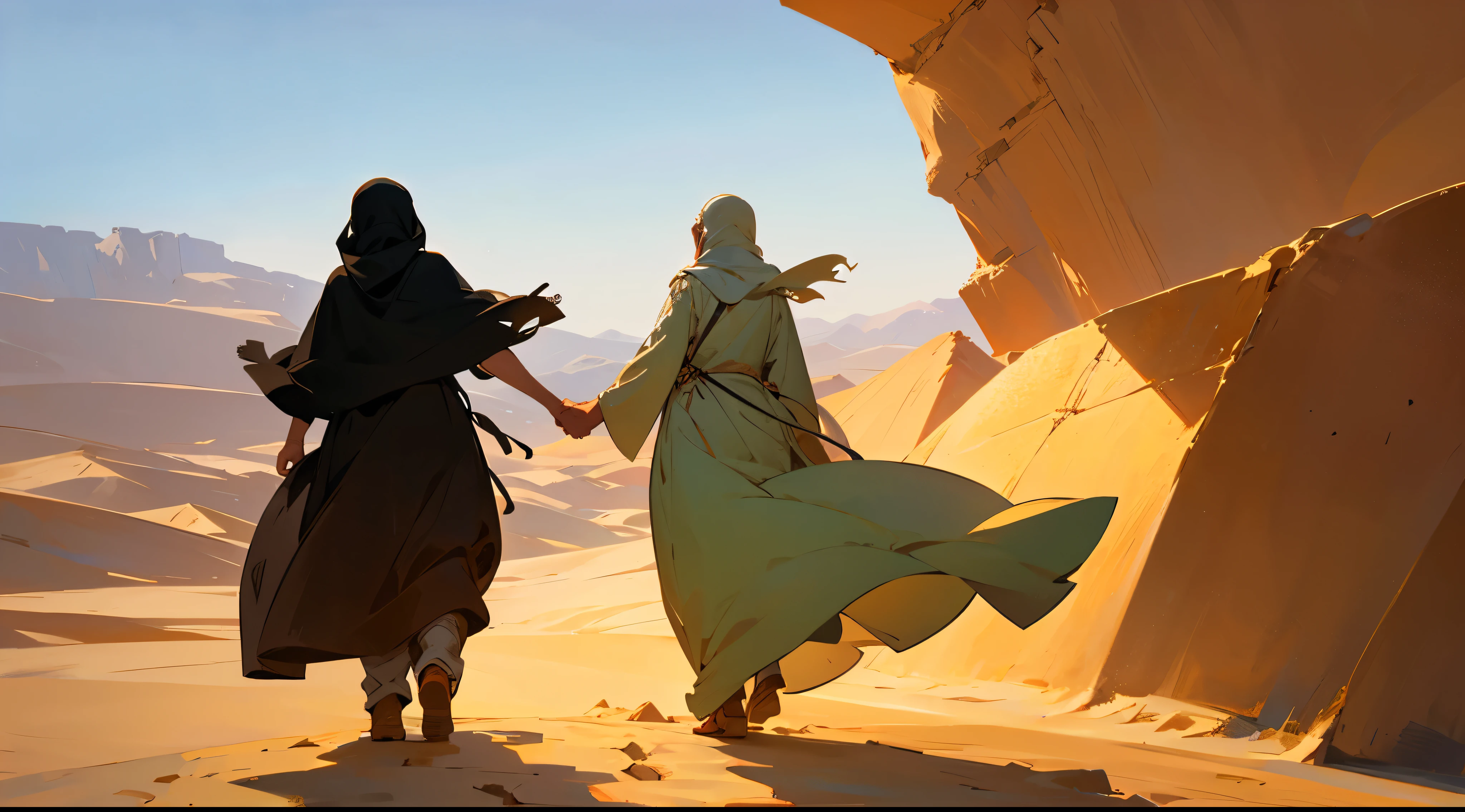 two arab couple walking in the desert, holding hands. no faces, no shape, from behind view. vintage art. in the desert.