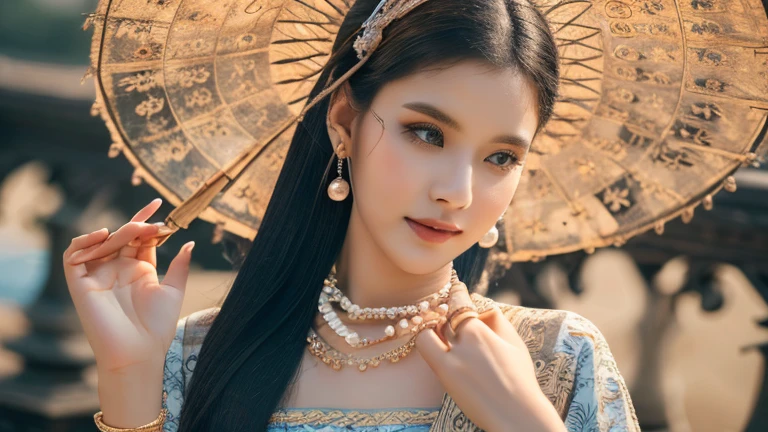 (best quality,4k,8k,highres,masterpiece:1.2),ultra-detailed,(realistic,photorealistic,photo-realistic:1.37), MMTD Burmese patterned traditional dress, beautiful lady wearing the dress, detailed eyes and face, long eyelashes, wear pearl necklaces and gold bracelets, soft natural lighting ,ancient city,standing full body details