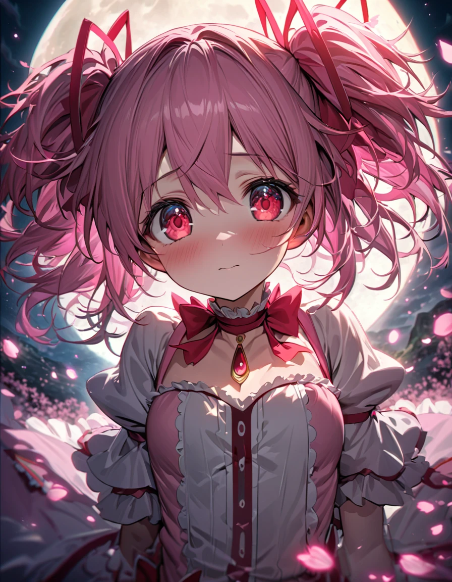 absurdres, highres, ultra detailed, HDR, master piece, best quality, extremely detailed face and eyes, Kaname Madoka, pink hair, expressive red eyes, Puella Magi Madoka Magica, solo, woman, beautiful, cherry blossom, pink flowers, pink petals, moon, pink fireflies