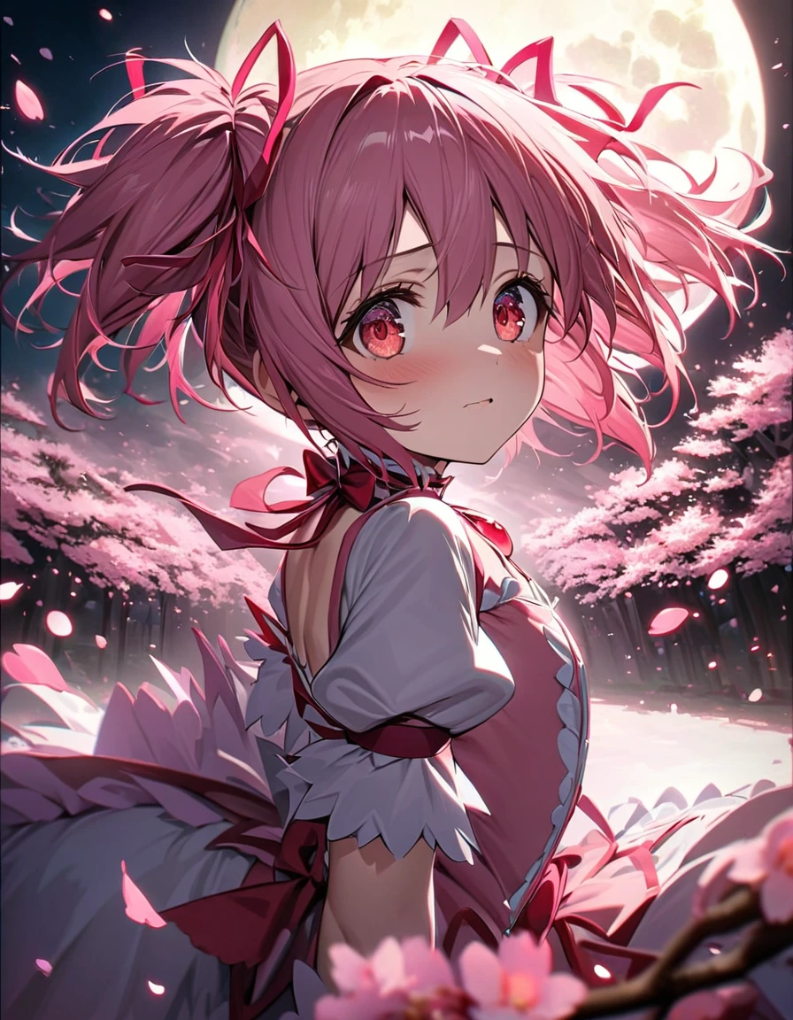 absurdres, highres, ultra detailed, HDR, master piece, best quality, extremely detailed face and eyes, Kaname Madoka, pink hair, expressive red eyes, Puella Magi Madoka Magica, solo, woman, beautiful, cherry blossom, pink flowers, pink petals, moon, pink fireflies