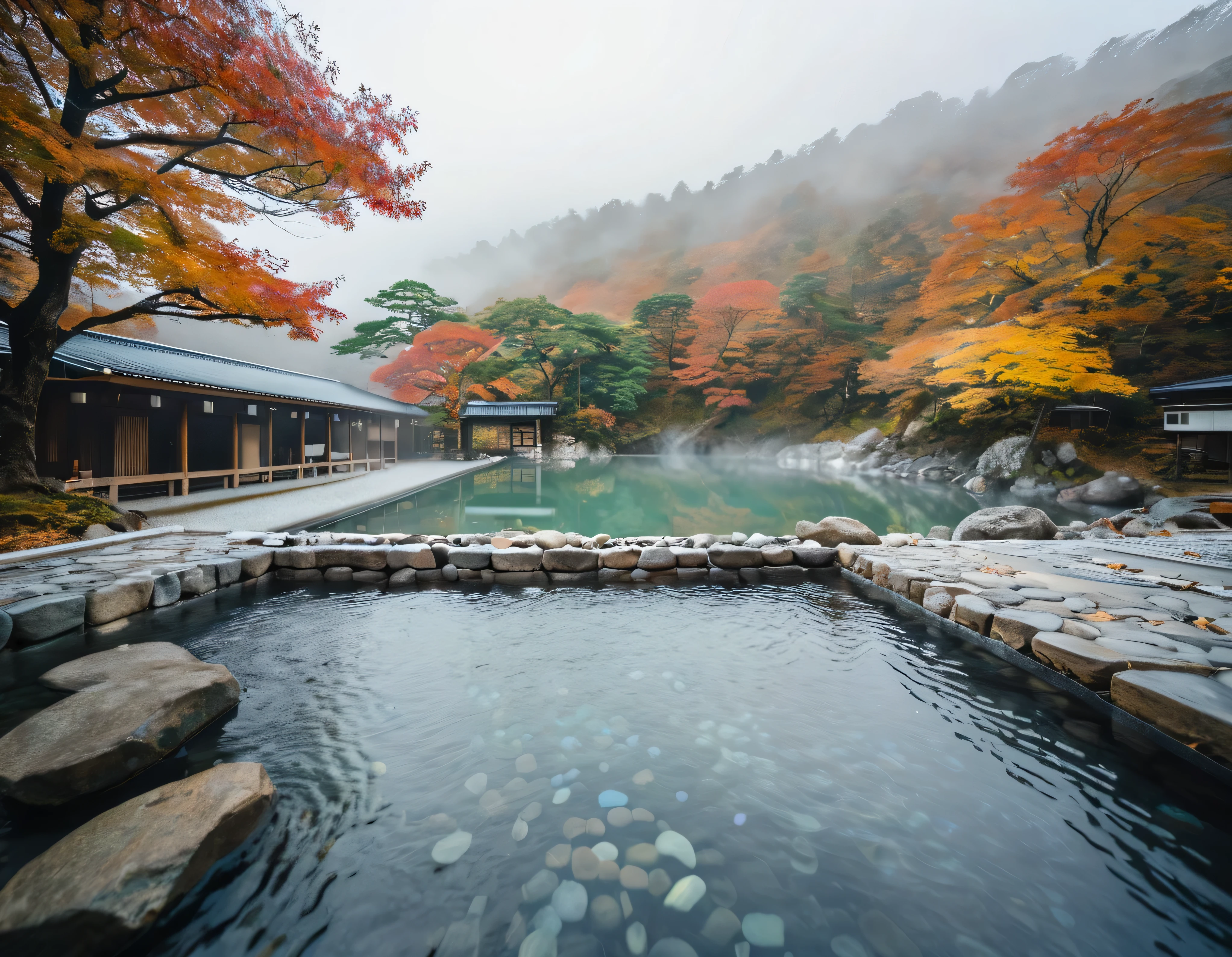 A serene (((onsen))) with bubbling waters and minimalist architecture, wide view of the location, transparent water, custom stones in the bath, stone platform, pool style background, a river current on the side, autumn trees, poorly lit location, wet, fog in the location, bokeh effect