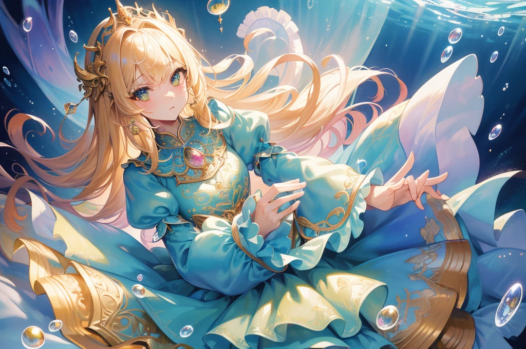 masterpiece, best quality, 8k resolution, sharp focus, intricate detail, beautiful girls, multiple girls, duo, trio, sparkling eyes, golden ratio face, otherworldly liquid, watercolor, cool colors, bright colors, whimsical, colorful, sharp focus, high resolution, fine detail, ((layered tiered puffy long sleeves ballgown)), ((round eyes)), iridescent bubbles, fantasia background