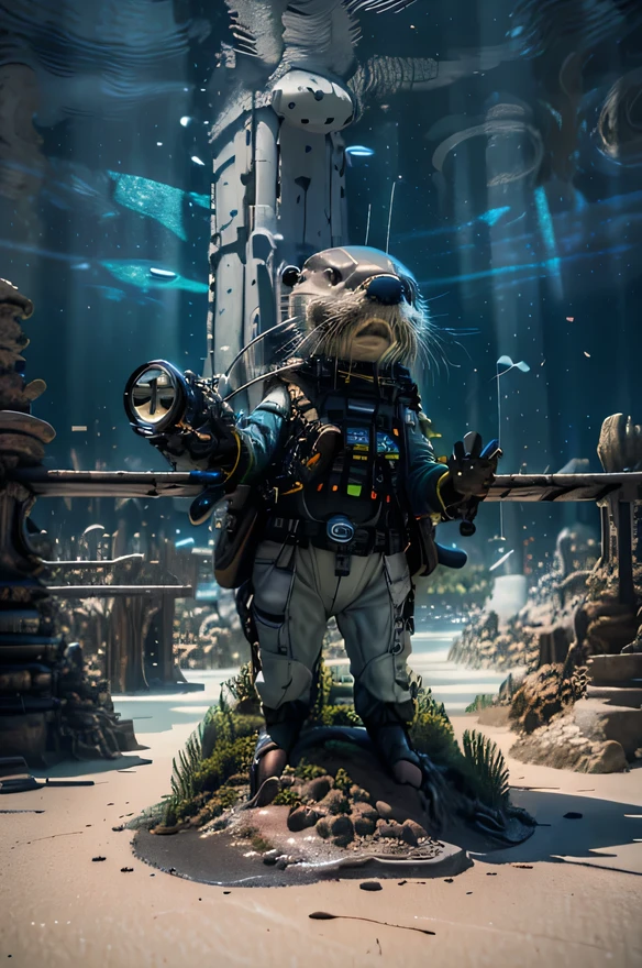 solo,(1otter\(cute,wearing futuristic suit,wearing cyber suit,full body,standing,dynamic pose,parabolic antenna,on back\):1.5), BREAK ,background\(futuristic town\), BREAK ,quality\(8k,wallpaper of extremely detailed CG unit, ​masterpiece,hight resolution,top-quality,top-quality real texture skin,hyper realisitic,increase the resolution,RAW photos,best qualtiy,highly detailed,the wallpaper,cinematic lighting,ray trace,golden ratio\),dynamic angle,award-winning,((close up))dynamic angle