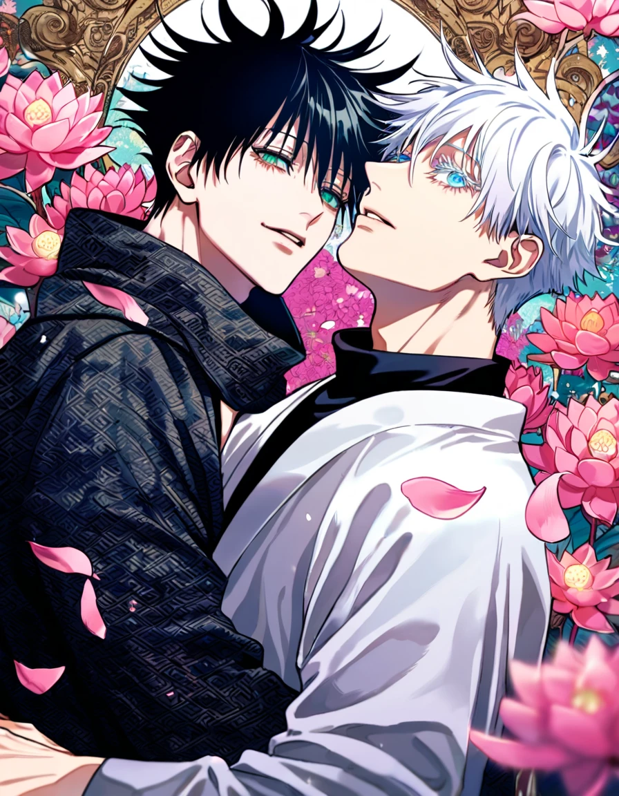 Ultra detailed, Highres, absurdres, HDR, master piece, Fushiguro Megumi, black hair, green eyes, Gojou Satoru, white hair with bangs, blue eyes, white eyelashes, Jujutsu Kaisen, black scarf, white haori, black kimono with patterns, 2 gay men together, gay couple, love, pink and violet forest, butterflies, pink lotus and petals, handsome,