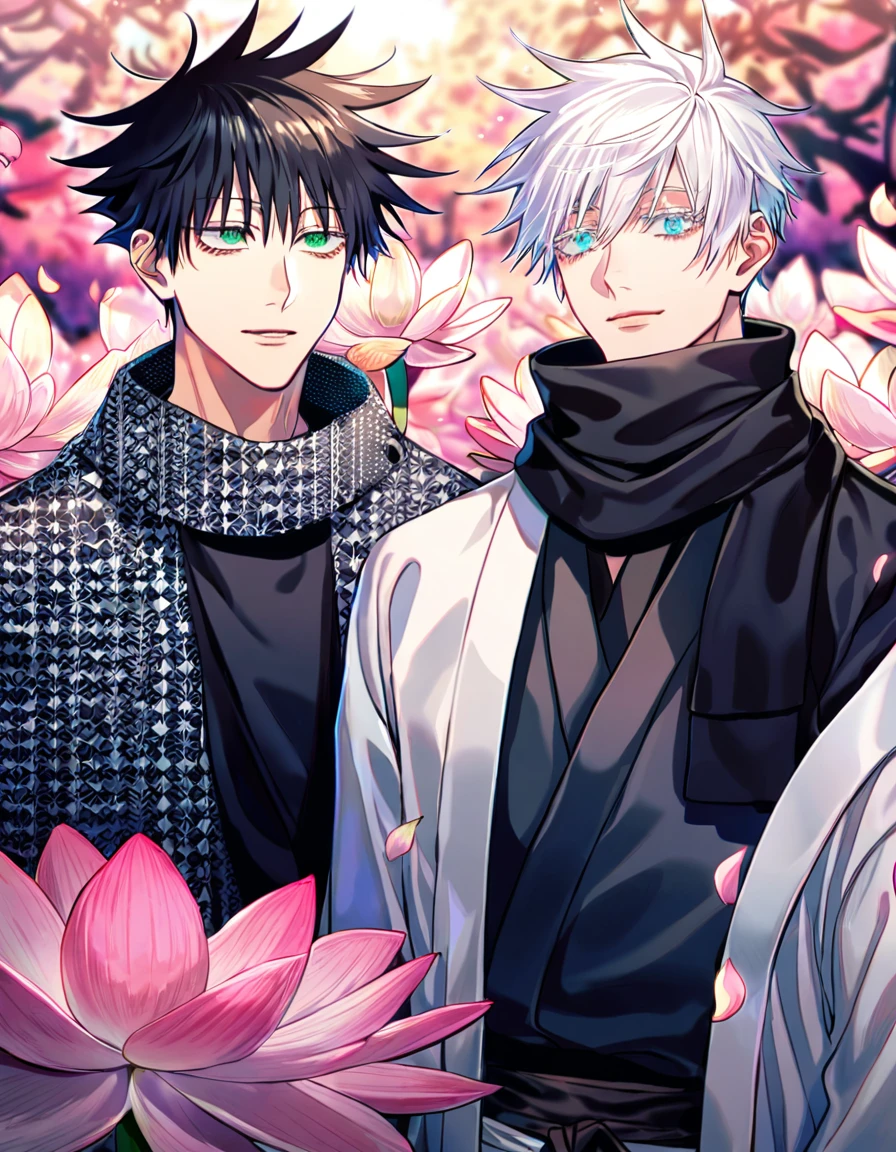 Ultra detailed, Highres, absurdres, HDR, master piece, Fushiguro Megumi, black hair, green eyes, Gojou Satoru, white hair with bangs, blue eyes, white eyelashes, Jujutsu Kaisen, black scarf, white haori, black kimono with patterns, 2 gay men together, gay couple, love, pink and violet forest, butterflies, pink lotus and petals, handsome,