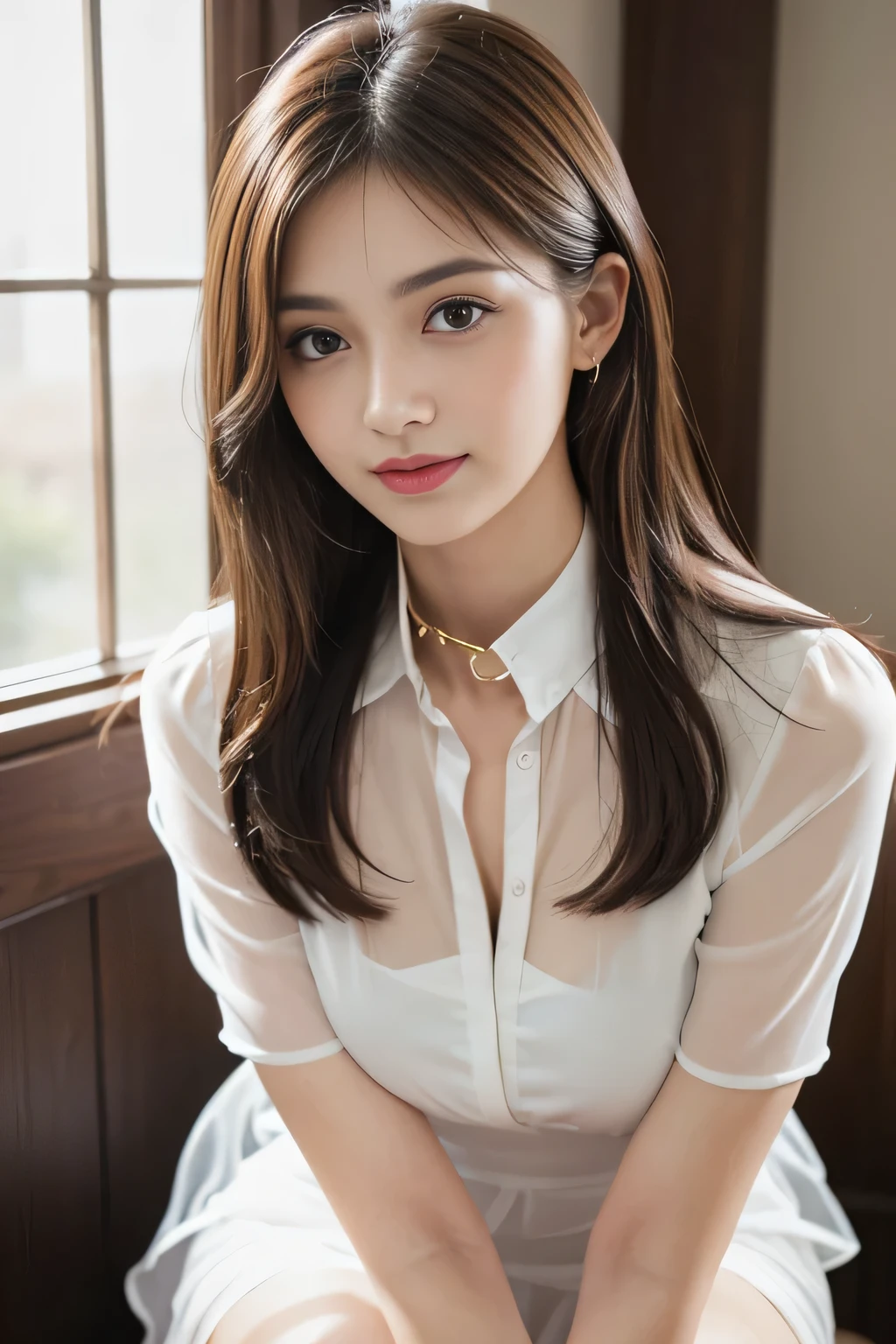 (RAW Photos), (Realistic), (masterpiece), (highest quality), High resolution, 8k, (Intricate details), (Volumetric Light), Portraiture, woman,Age 25, Medium Hair, Straight hair, Medium Chest, Layered Hair, Brown Hair, Very beautiful eyes, Source order, Very thin eyebrows, Very fine skin, Very beautiful mouth, Very nice nose, Cute like an idol, smile, (Thick lips), (Looking at the audience), (See-through chiffon dress shirt with collar), Above the knee shot