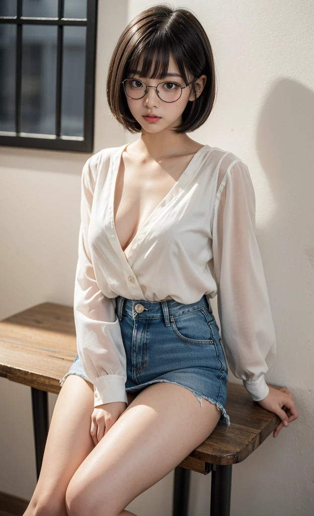 detailed_background, realistic, 1girl, sitting on a small chair, back against the walll, bedroom, eye glasses, blushes, nighttime, bob cut, bangs, white short blouse, overhang, cleavage, big bust, small waist, denim mini skirt, bare legs, thighs, thicc_thighs,