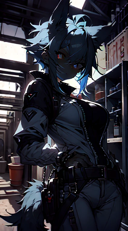 1girl, short_rebellious_hairblue_hair, blue_eyes, scary_eyes, short_hair, expression would be, looking_at_vi ewer, holding, shirt, pant, animal_ears, blue_ ears, wolf_woman, blue_tail, body_perfect, Milf_body, female_body_muscular, scar_on_thighs, scar_on_the abdomen, hunter_outfit_black