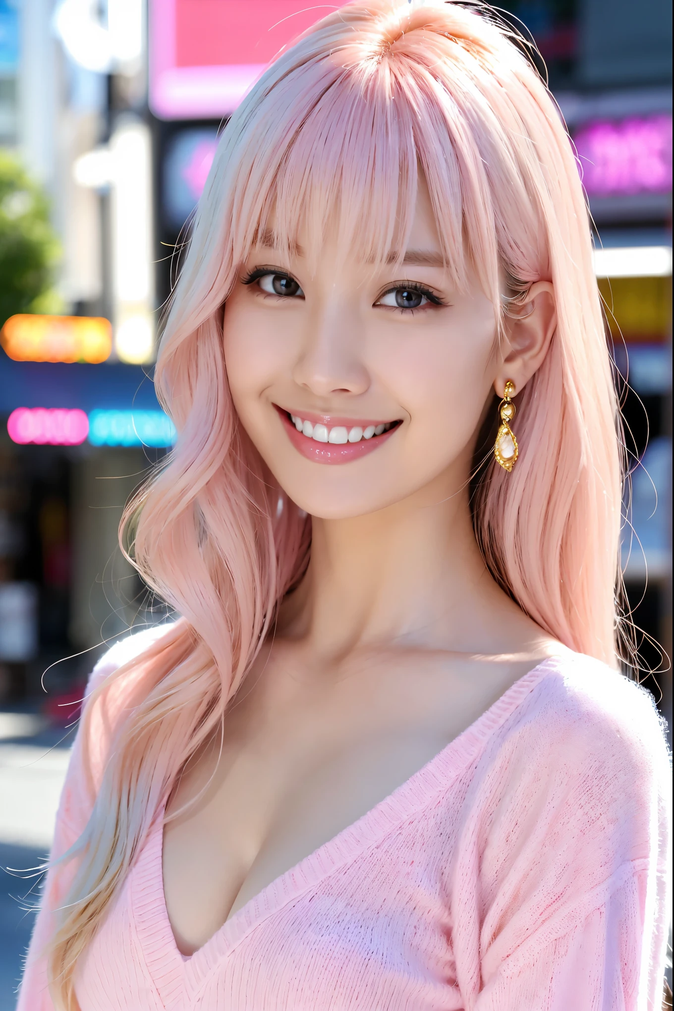 (Tabletop、highest quality、8k、Award-winning works、Ultra-high resolution)、One beautiful woman、(Perfect fluffy light pink V-neck long sleeve knit:1.3)、(Golden and pink hair:1.2)、(Blonde Hair:1.2)、Bright color contacts、Perfect Makeup、Bright and shiny lipstick、(Very heavy makeup:1.1)、(Pink eyeshadow:1.1)、Heavy makeup around the eyes、(Face close-up:1.2)、Very long wavy hair、The best smile you ever had when you saw me、(Accentuate your body lines:1.1)、(Strongly blurred vibrant Harajuku street background:1.1)、(Strongly blurred background:1.1)、Accurate anatomy、Ultra HD Hair、(Ultra-high resolutionの完璧な美しい歯:1.1)、Ultra-high definition beauty face、Ultra HD Hair、Ultra-high definition sparkling eyes、輝くUltra-high resolutionの美肌、Ultra-high resolutionの艶やかな唇