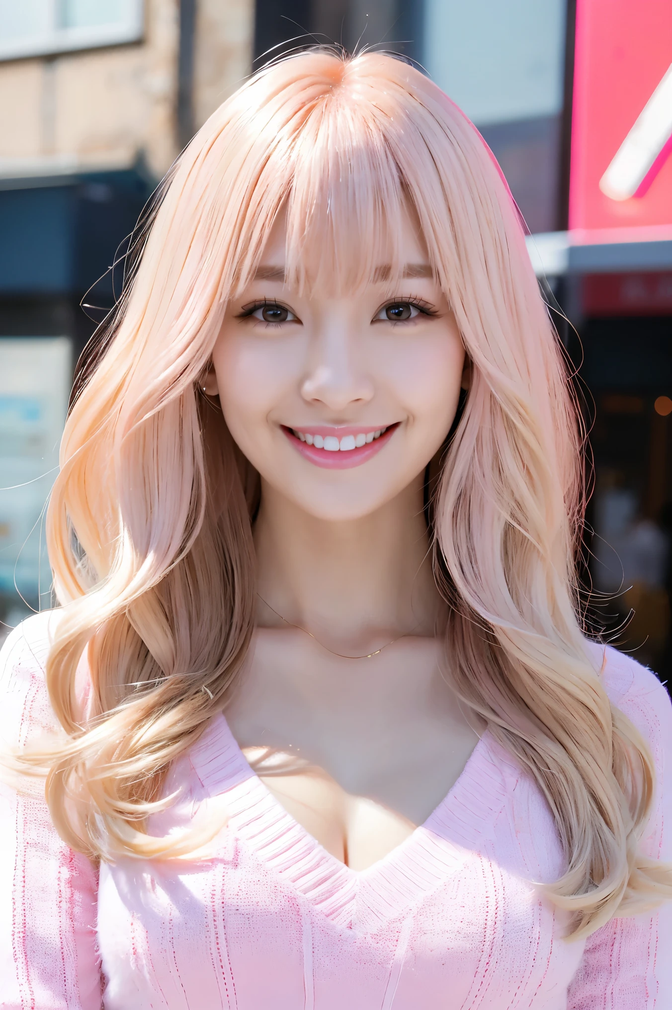 (Tabletop、highest quality、8k、Award-winning works、Ultra-high resolution)、One beautiful woman、(Perfect fluffy light pink V-neck long sleeve knit:1.3)、(Golden and pink hair:1.2)、(Blonde Hair:1.2)、Bright color contacts、Perfect Makeup、Bright and shiny lipstick、(Very heavy makeup:1.1)、(Pink eyeshadow:1.1)、Heavy makeup around the eyes、(Face close-up:1.2)、Very long wavy hair、The best smile you ever had when you saw me、(Accentuate your body lines:1.1)、(Strongly blurred vibrant Harajuku street background:1.1)、(Strongly blurred background:1.1)、Accurate anatomy、Ultra HD Hair、(Ultra-high resolutionの完璧な美しい歯:1.1)、Ultra-high definition beauty face、Ultra HD Hair、Ultra-high definition sparkling eyes、輝くUltra-high resolutionの美肌、Ultra-high resolutionの艶やかな唇