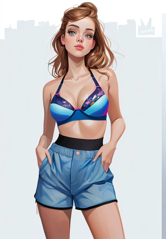 Digital painting, disney Pixar, 4k, there is a woman in a bra and shorts posing for a photo, in the style of digital illustration, streetwear bra and shorts, sports bra and shorts, in the style of digital painting, sports bra and dark blue shorts, Girl fit, digital painting style, nft portrait, short and robust woman, in the style of digital art, inspired by Louisa Matthíasdóttir