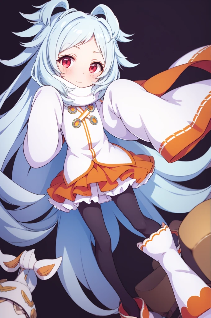 Light blue hair, very long hair, red eyes, very thin body, short stature, , white clothes with sleeves long enough to cover her hands, orange skirt, light orange muffler, black leggings, cute, high quality